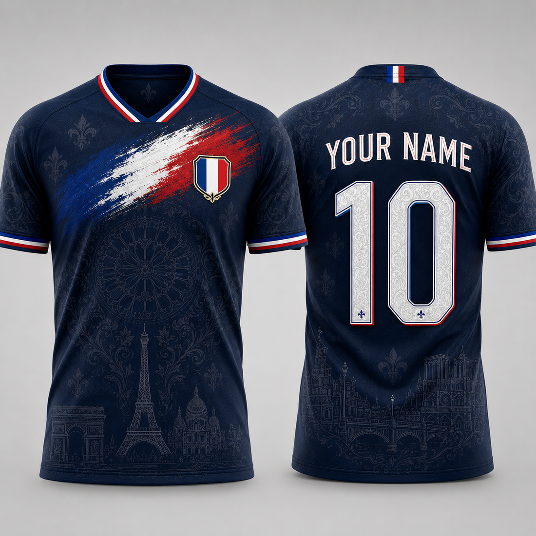 Parisian Landmarks V-NeckMen Football Lover, Fleur De Lis Pattern French Flag Soccer Shirt