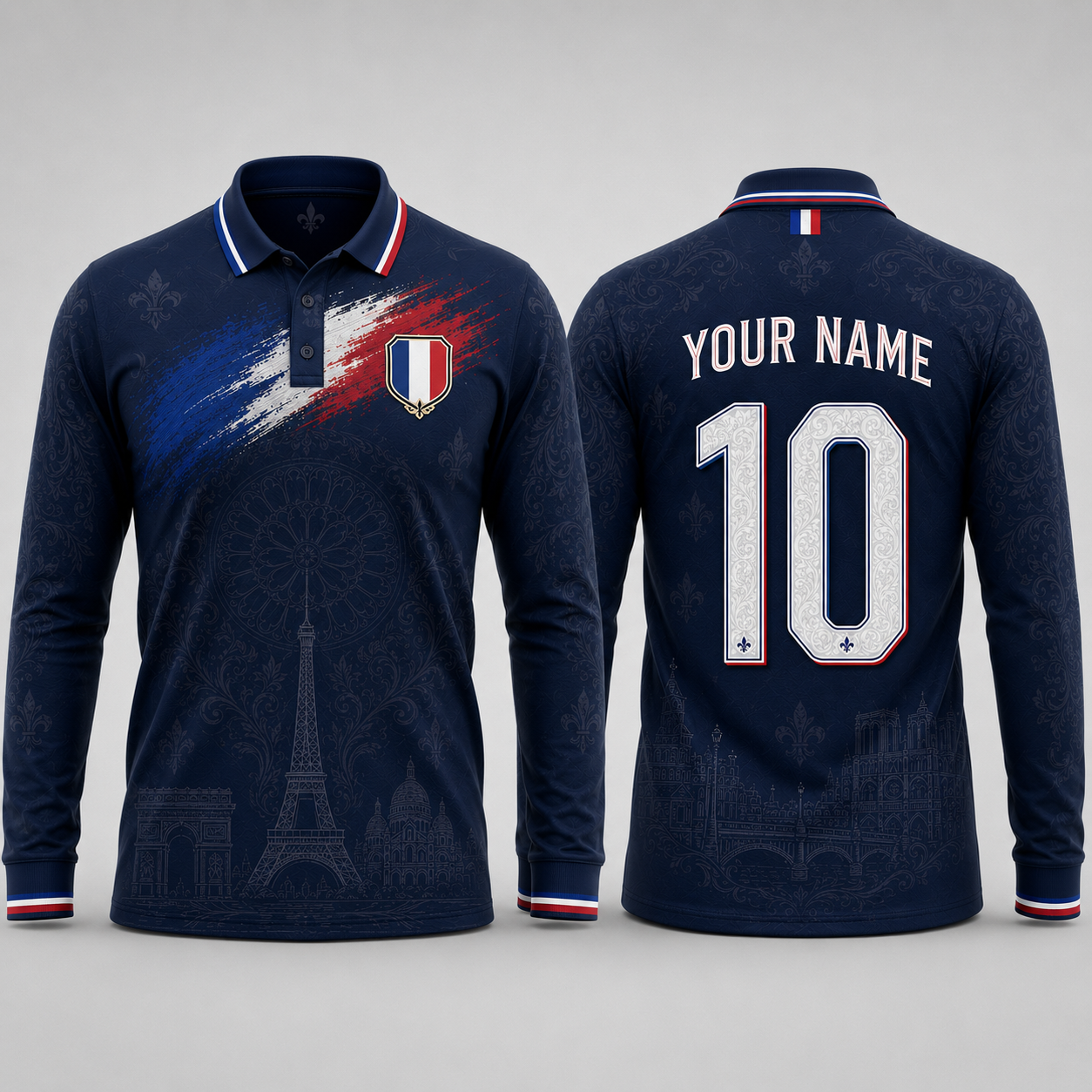 Parisian Landmarks V-NeckMen Football Lover, Fleur De Lis Pattern French Flag Soccer Shirt