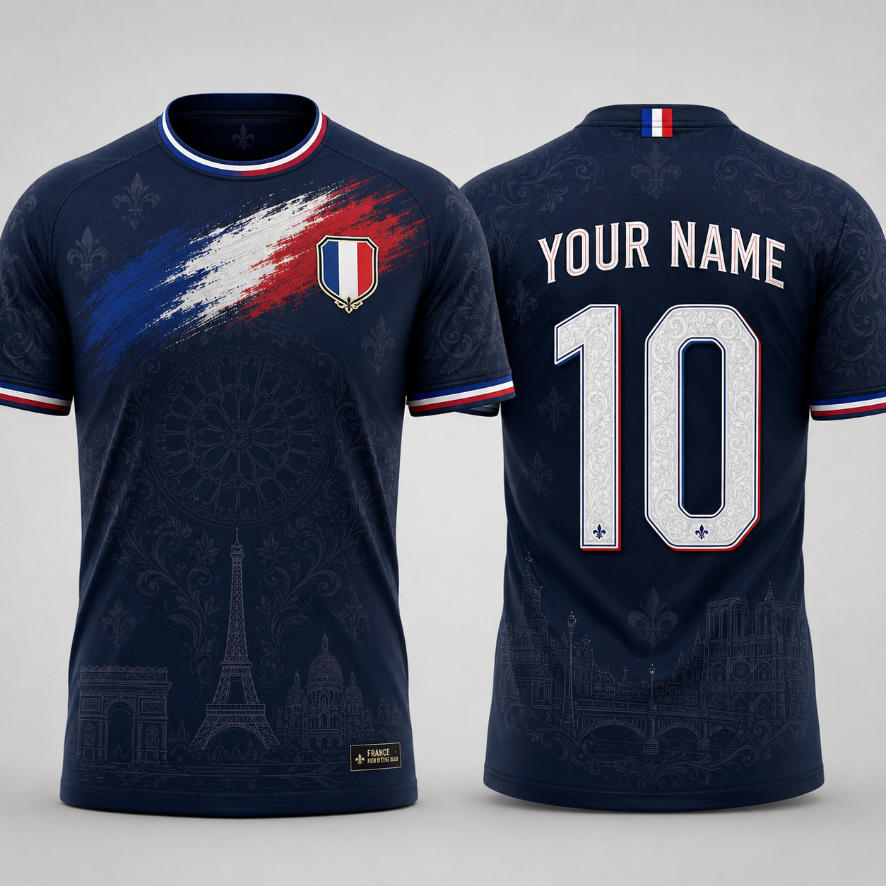 Parisian Landmarks V-NeckMen Football Lover, Fleur De Lis Pattern French Flag Soccer Shirt