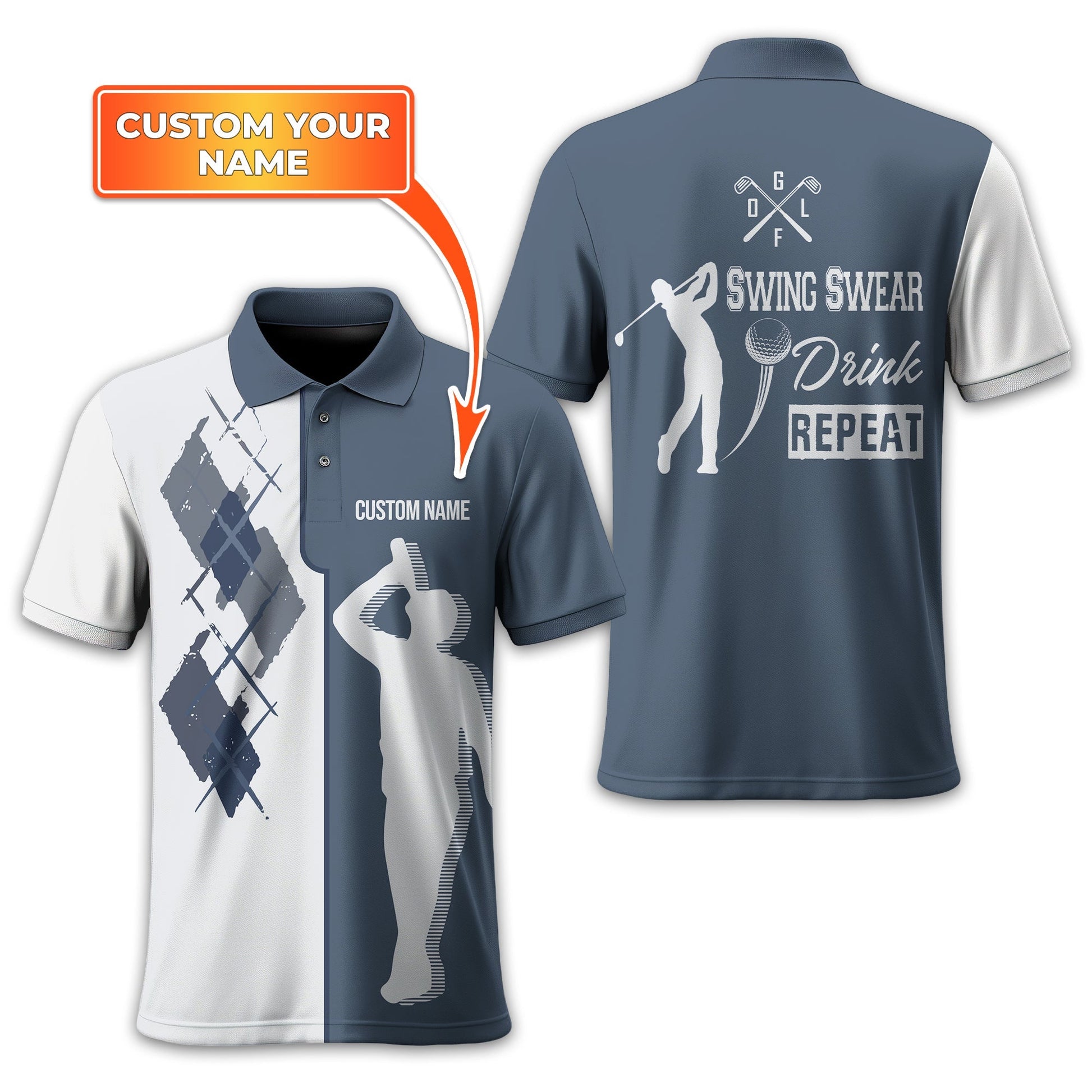 Swing Swear Drink Repeat Personalized Golf Polo ShirtGolf Shirt For Men, Gift For Golfers