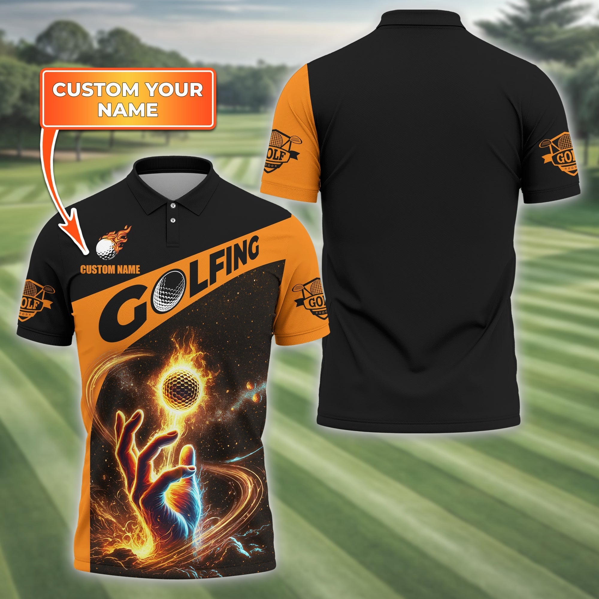 Fire Golf Ball Custom Men's Golf Polo ShirtGolfing Apparel, Mens Golf Gift, Funny Golf Polo Shirts