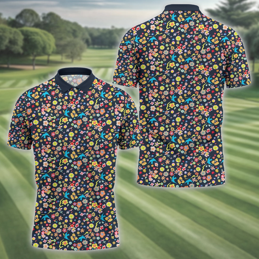 Floral Swallows Men's Golf Polo ShirtGolfing Apparel, Gift For Golfers