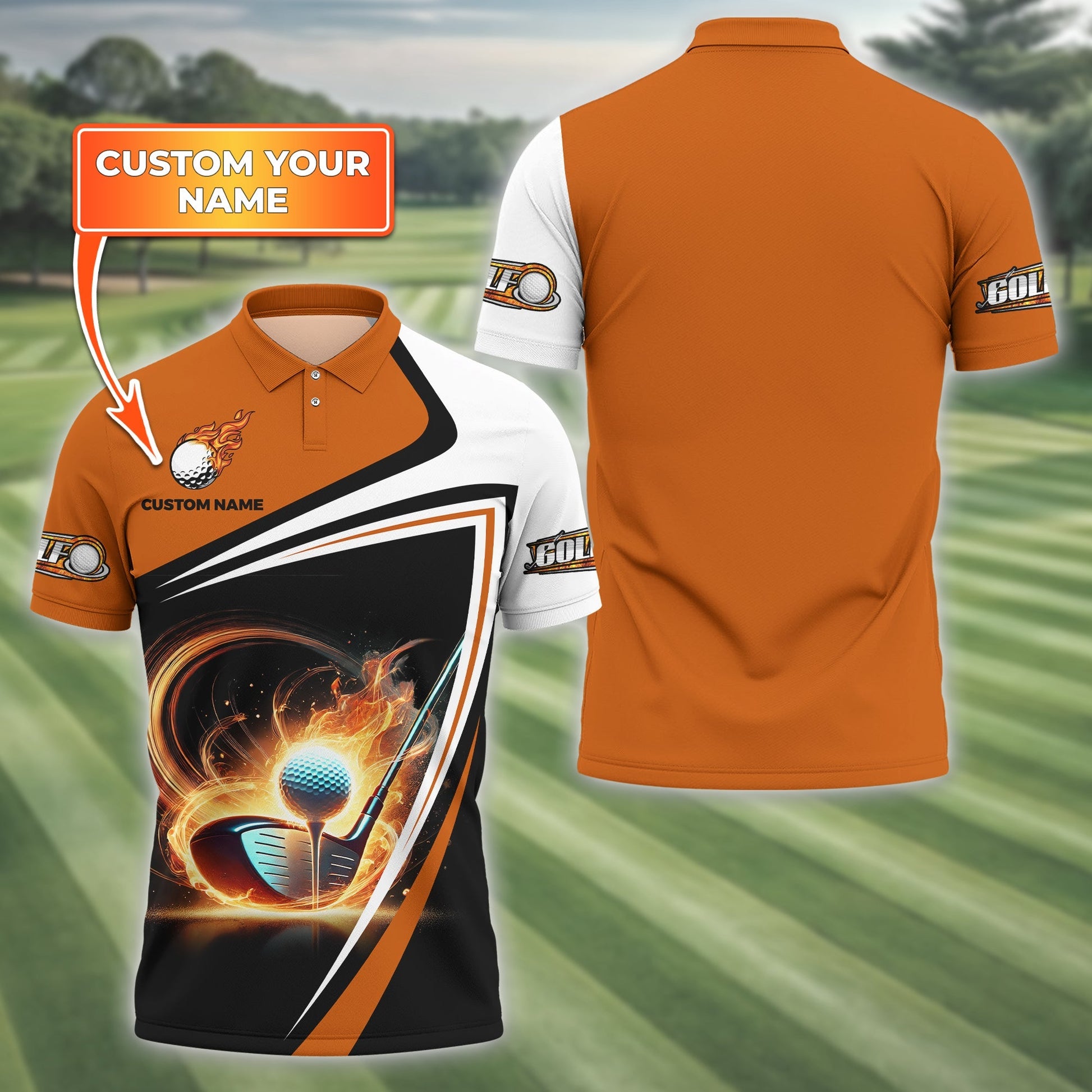 Golf Ball Fire Custom Name Men's Golf Polo ShirtGolfing Apparel, Gift For Golfer