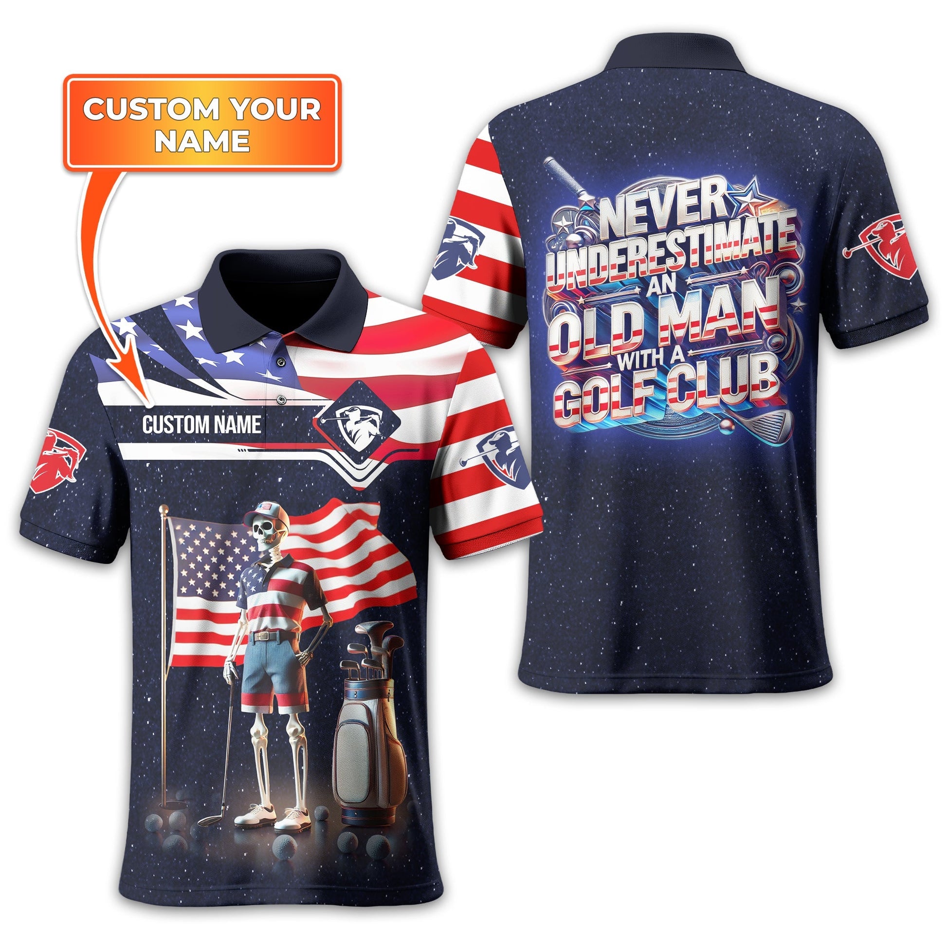 Never Underestimate An Old Man, USA Flag Shirt, Personalized Golf Shirt, Patriotic Golf Shirt, Unique Gift For Golfer