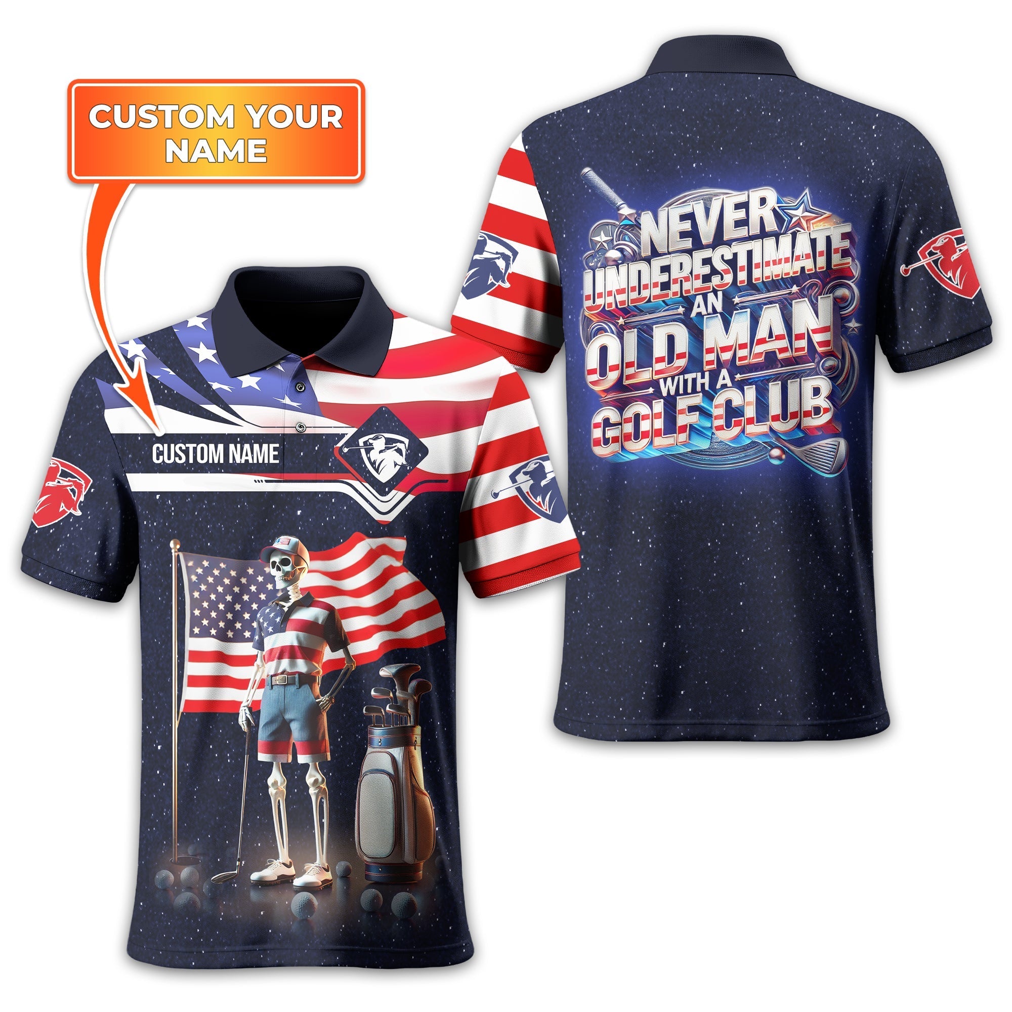 Never Underestimate An Old Man, USA Flag Shirt, Personalized Golf Shirt, Patriotic Golf Shirt, Unique Gift For Golfer