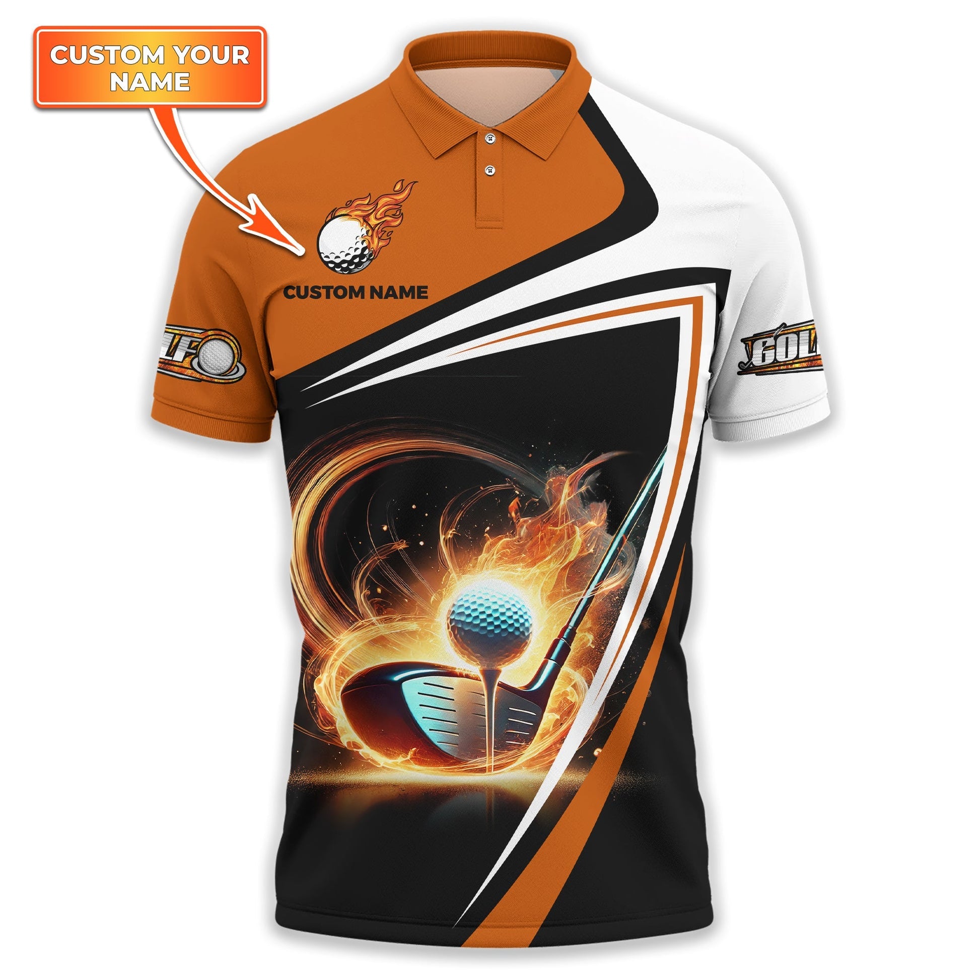 Golf Ball Fire Custom Name Men's Golf Polo ShirtGolfing Apparel, Gift For Golfer