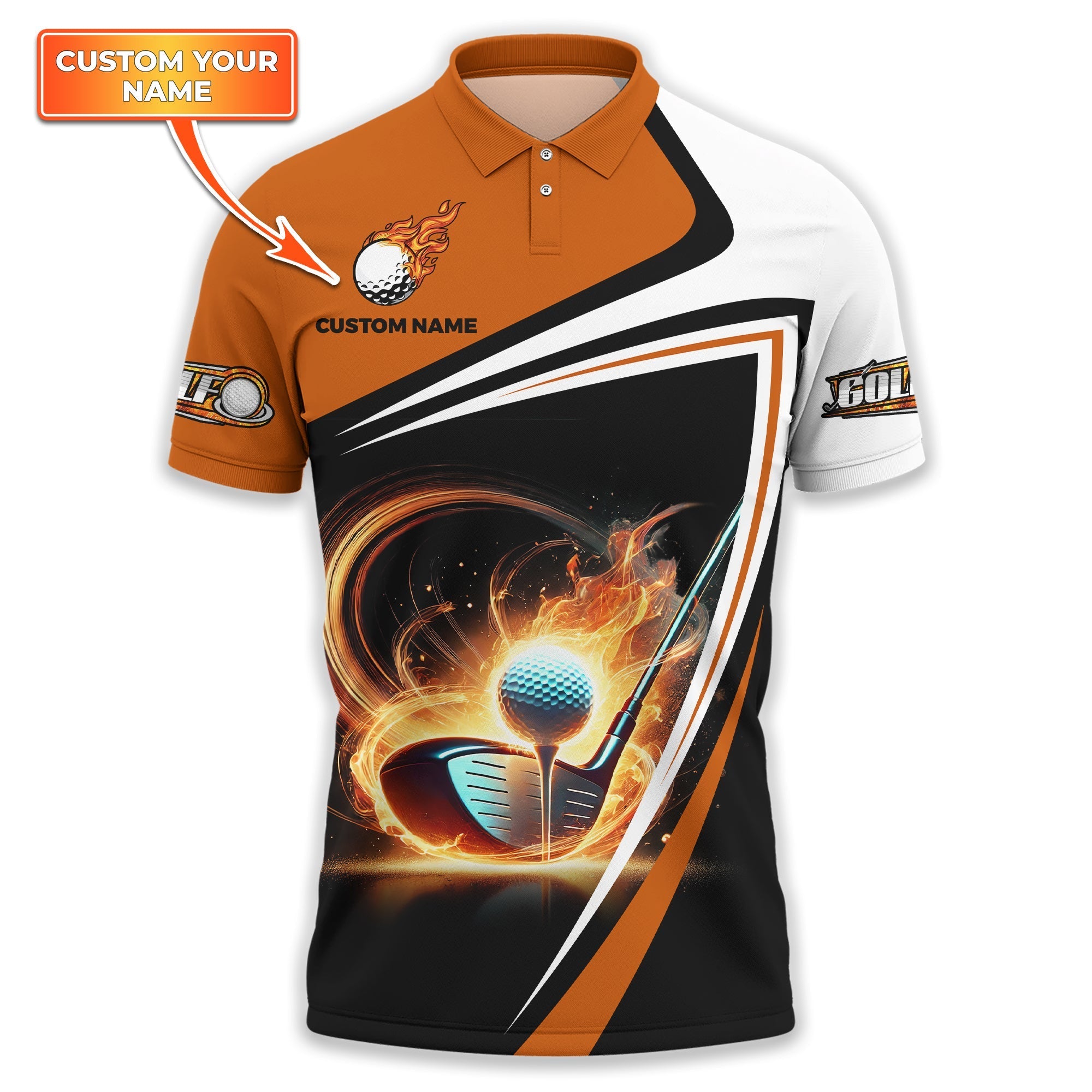 Golf Ball Fire Custom Name Men's Golf Polo ShirtGolfing Apparel, Gift For Golfer