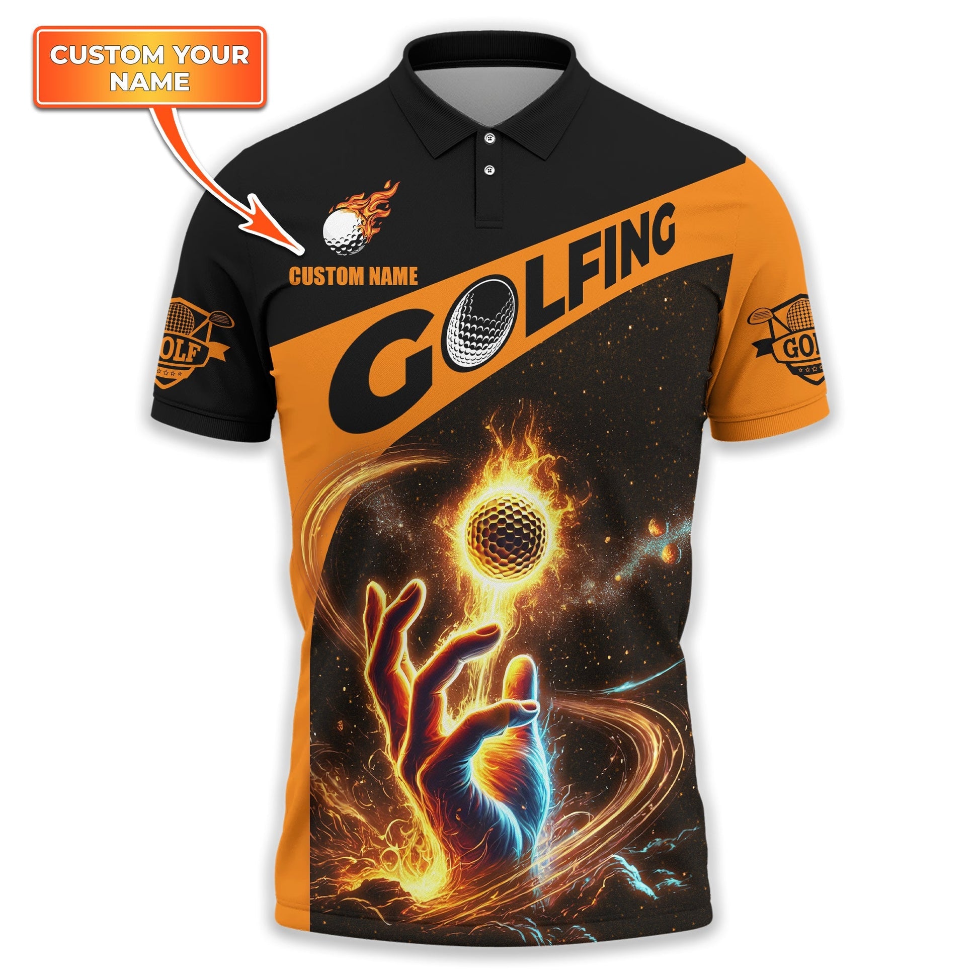 Fire Golf Ball Custom Men's Golf Polo ShirtGolfing Apparel, Mens Golf Gift, Funny Golf Polo Shirts