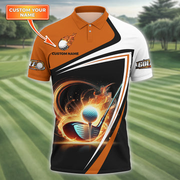 Golf Ball Fire Custom Name Men's Golf Polo ShirtGolfing Apparel, Gift For Golfer