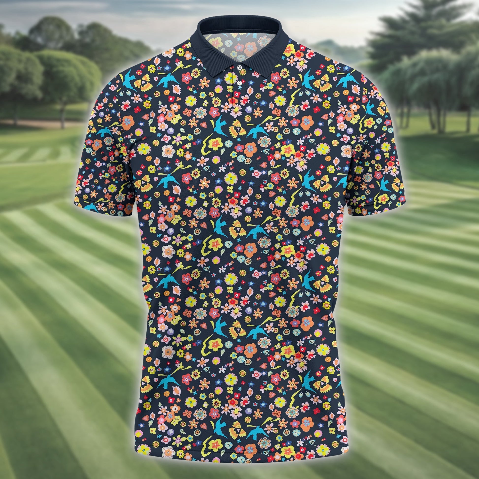 Floral Swallows Men's Golf Polo ShirtGolfing Apparel, Gift For Golfers