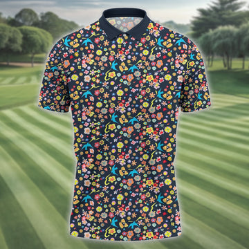 Floral Swallows Men's Golf Polo ShirtGolfing Apparel, Gift For Golfers