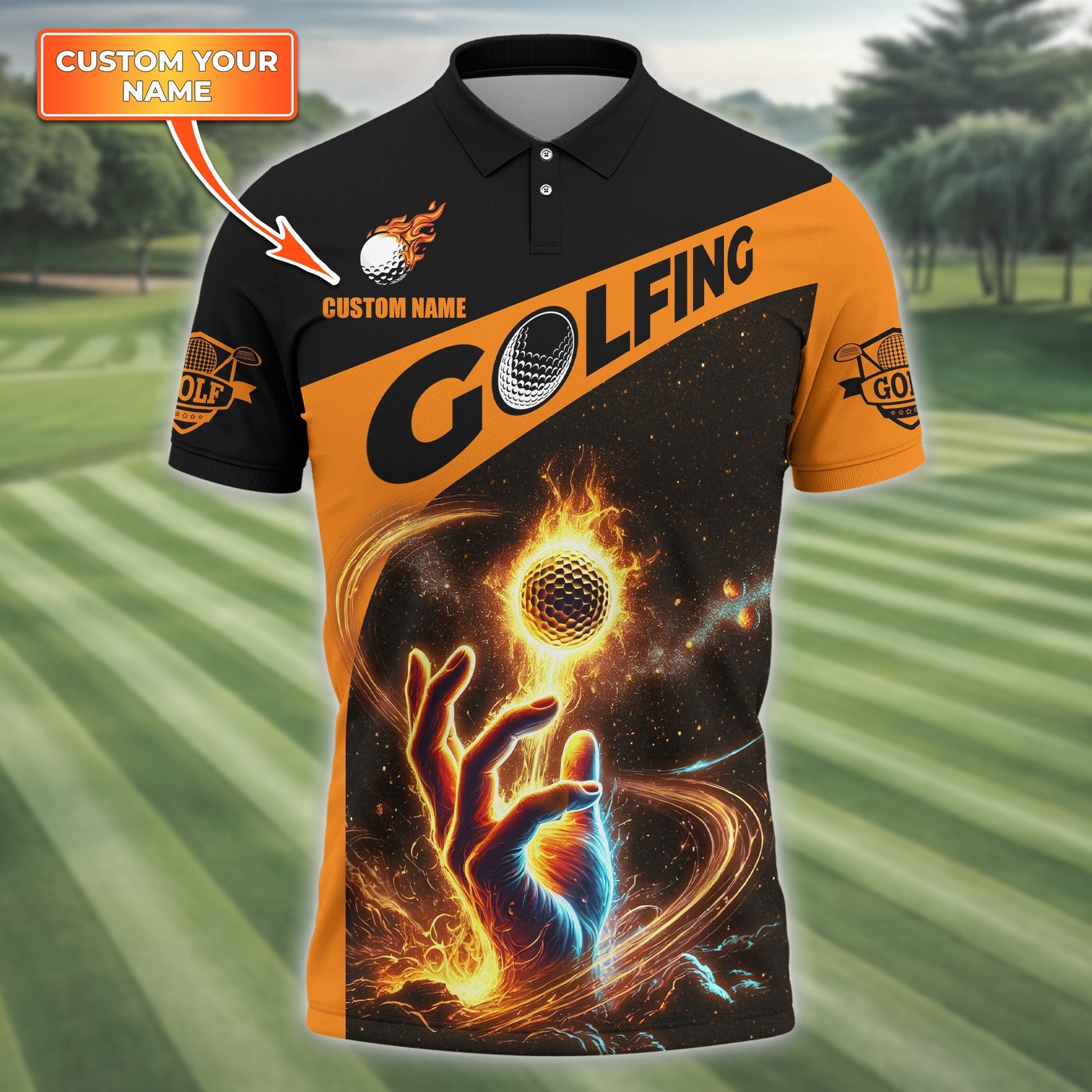 Fire Golf Ball Custom Men's Golf Polo ShirtGolfing Apparel, Mens Golf Gift, Funny Golf Polo Shirts