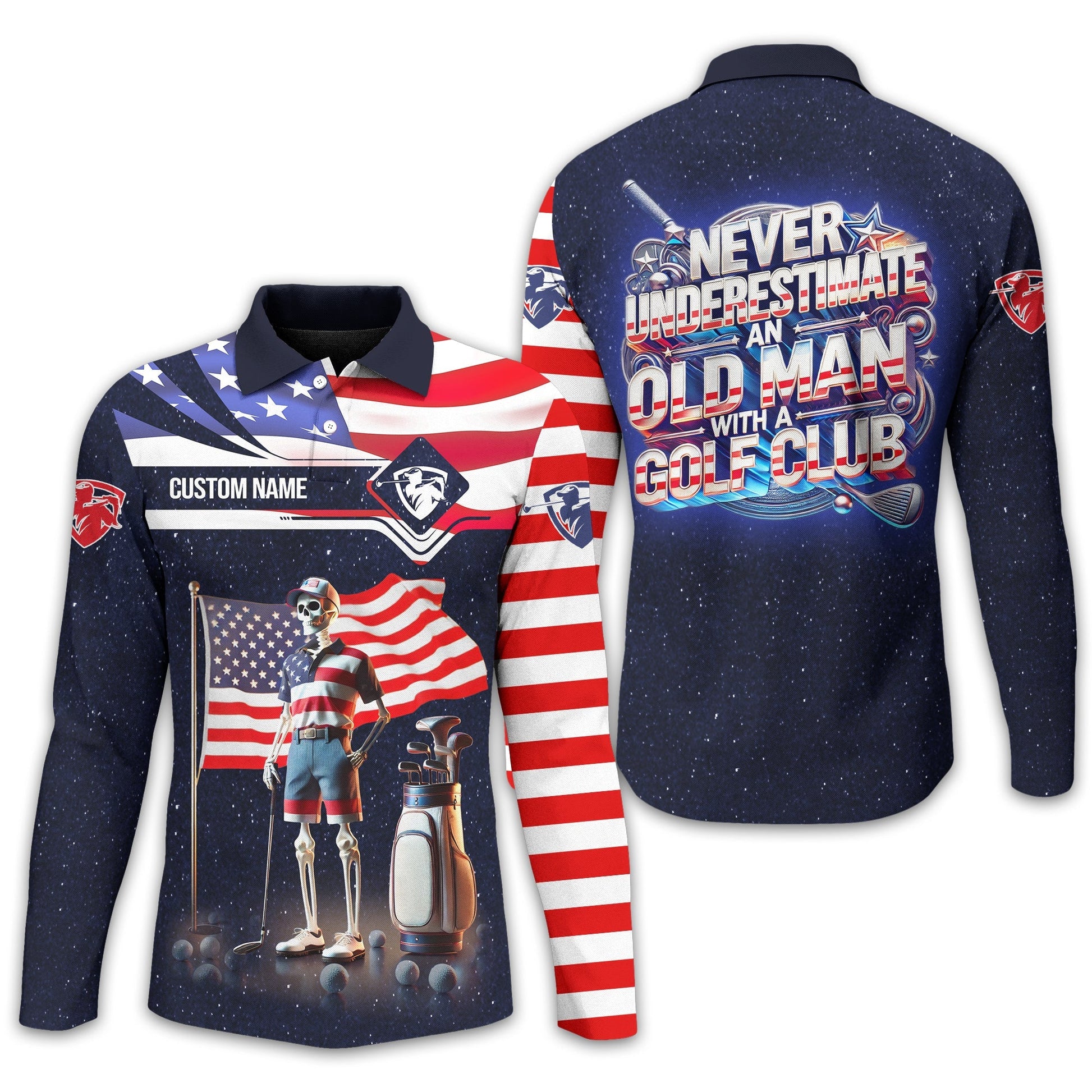 Never Underestimate An Old Man, USA Flag Shirt, Personalized Golf Shirt, Patriotic Golf Shirt, Unique Gift For Golfer