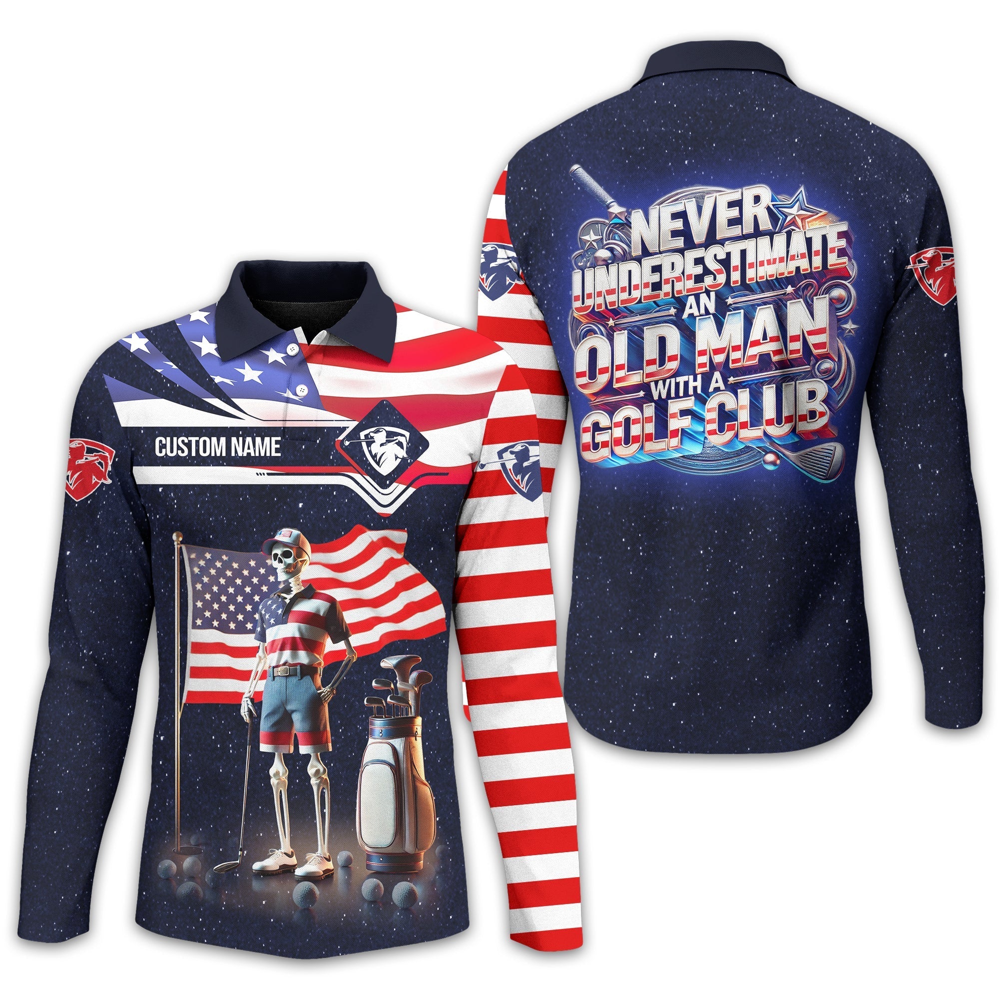 Never Underestimate An Old Man, USA Flag Shirt, Personalized Golf Shirt, Patriotic Golf Shirt, Unique Gift For Golfer