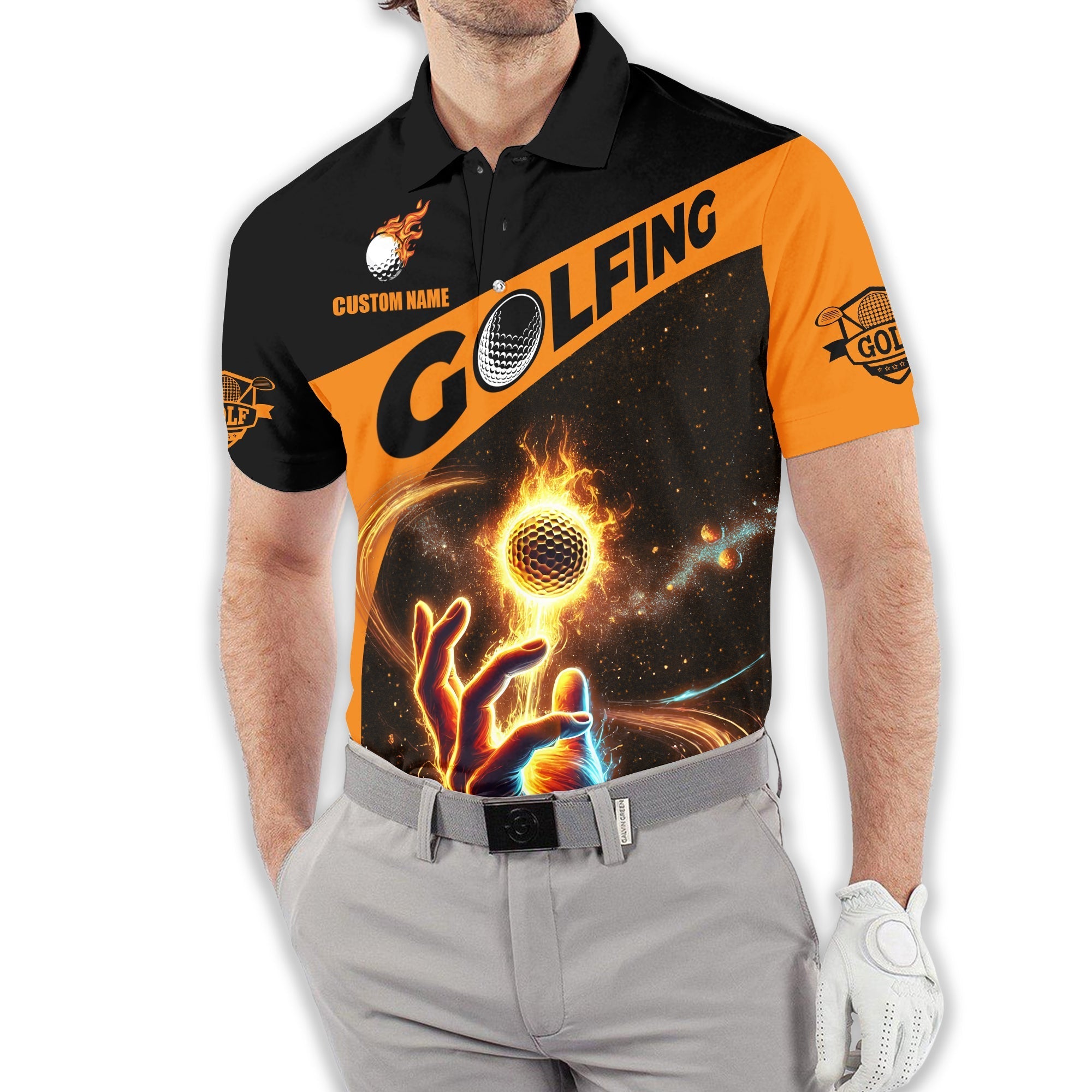 Fire Golf Ball Custom Men's Golf Polo ShirtGolfing Apparel, Mens Golf Gift, Funny Golf Polo Shirts