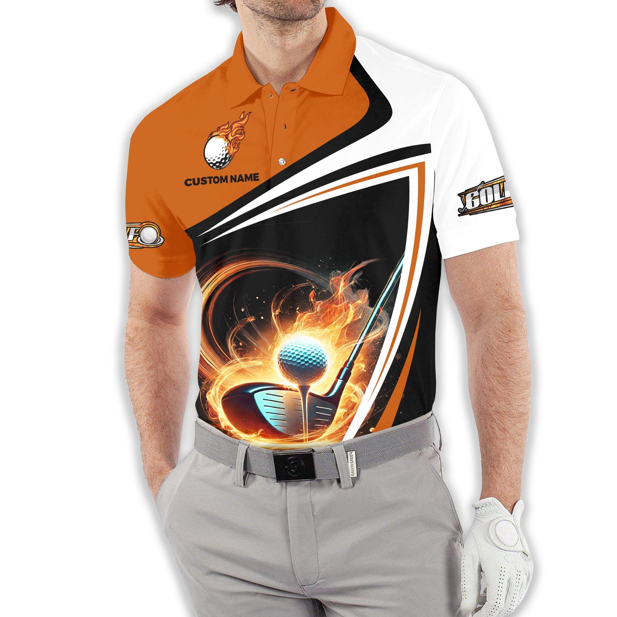 Golf Ball Fire Custom Name Men's Golf Polo ShirtGolfing Apparel, Gift For Golfer