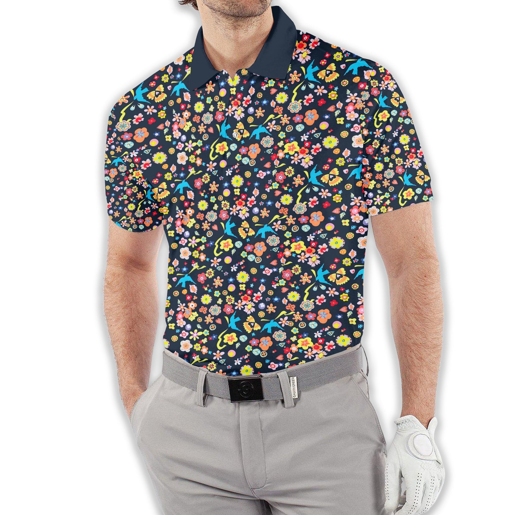 Floral Swallows Men's Golf Polo ShirtGolfing Apparel, Gift For Golfers