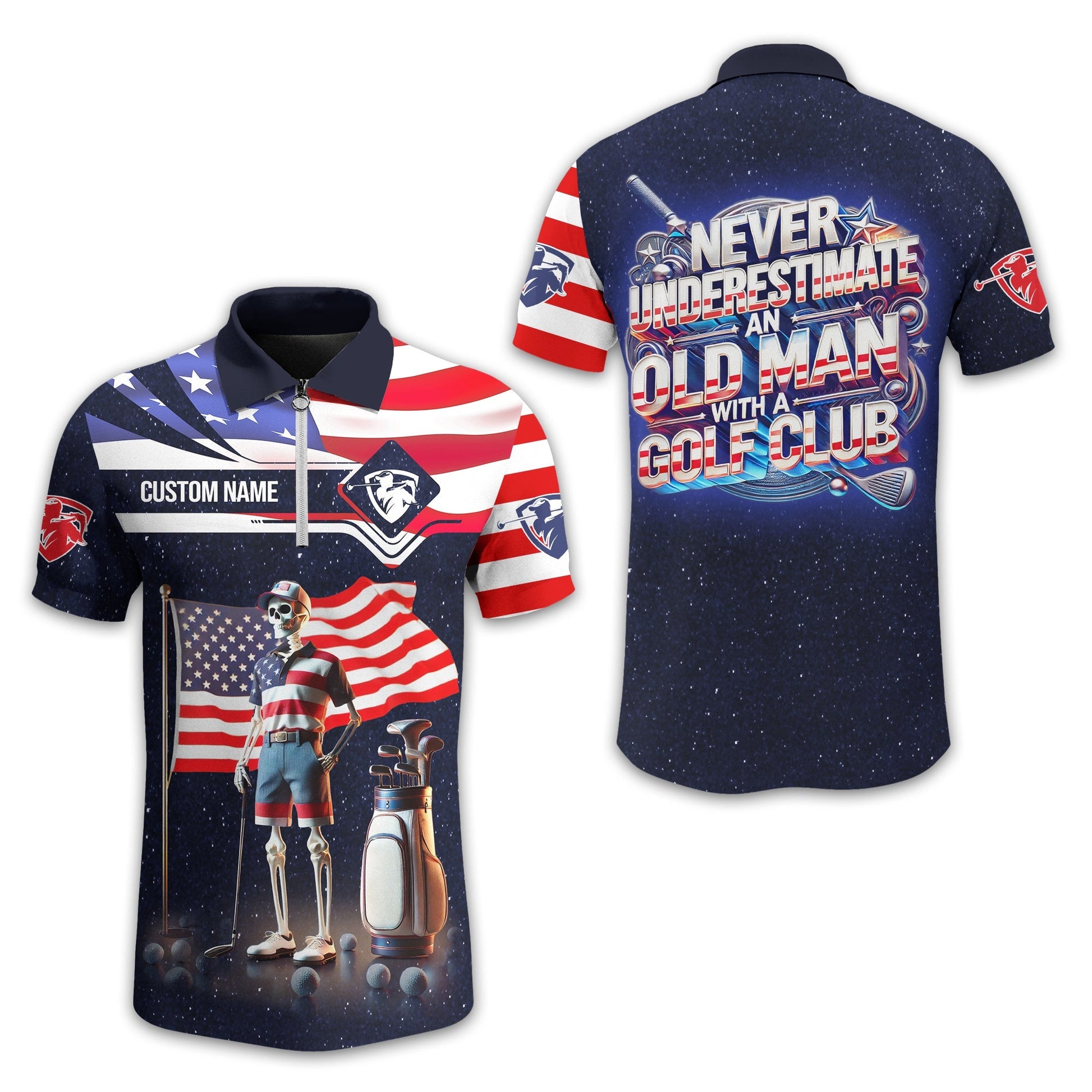 Never Underestimate An Old Man, USA Flag Shirt, Personalized Golf Shirt, Patriotic Golf Shirt, Unique Gift For Golfer