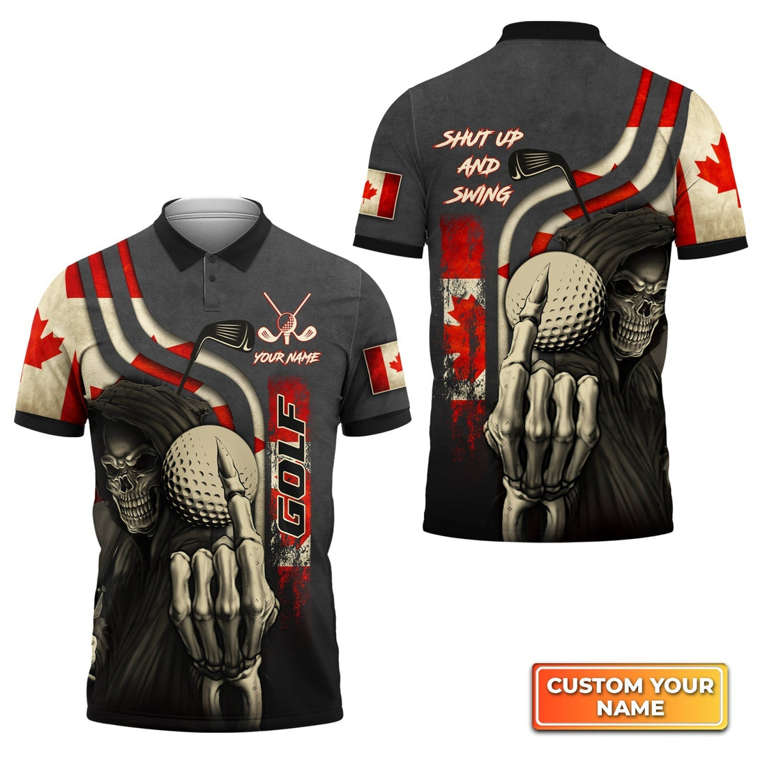 Canada Flag Skull Golf Shut Up And Swing - Personalized Name 3D Polo Shirt For Golfers