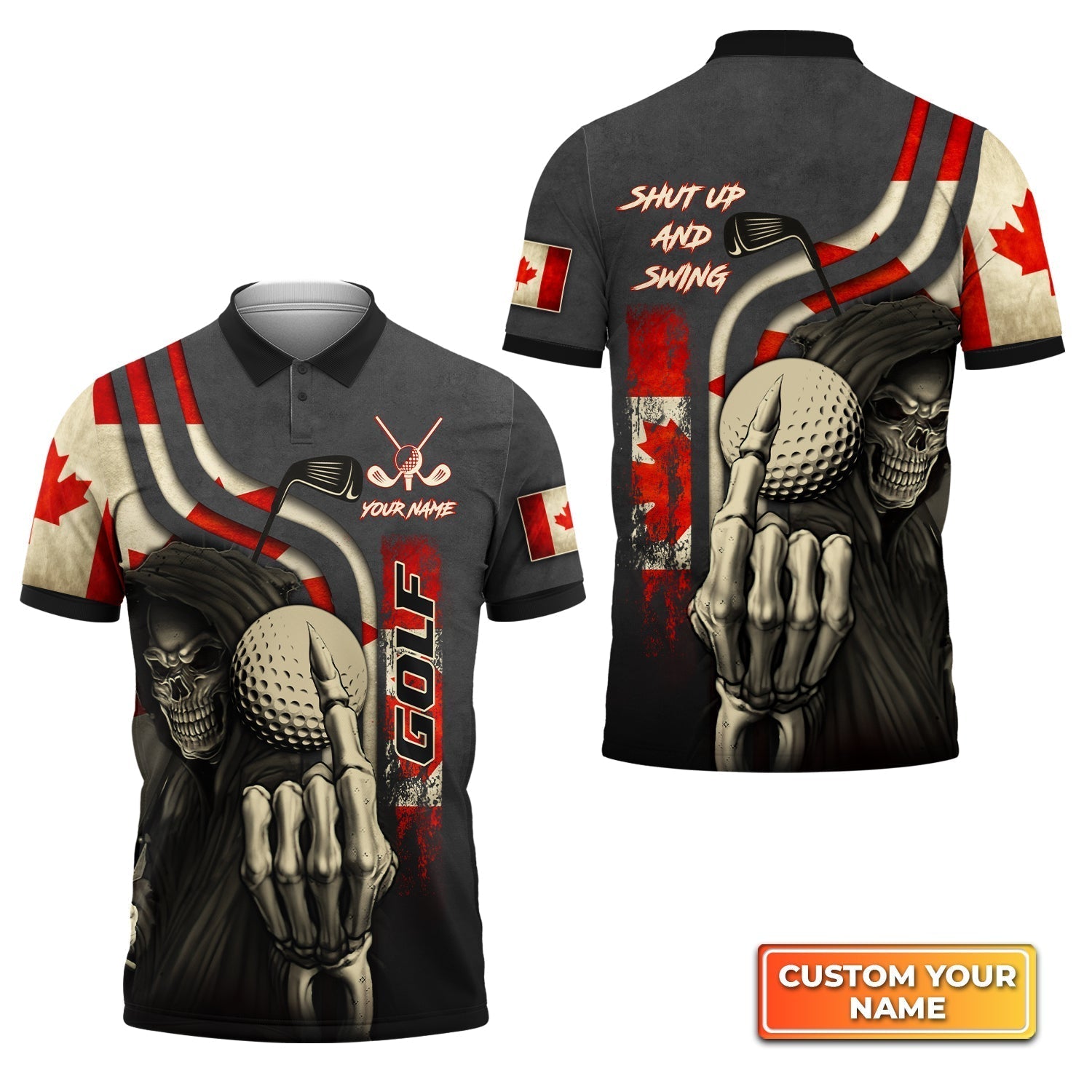 Canada Flag Skull Golf Shut Up And Swing - Personalized Name 3D Polo Shirt For Golfers