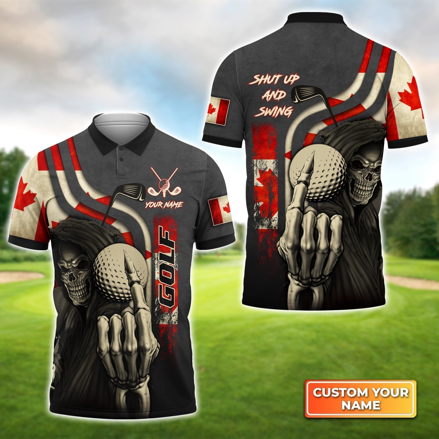 Canada Flag Skull Golf Shut Up And Swing - Personalized Name 3D Polo Shirt For Golfers