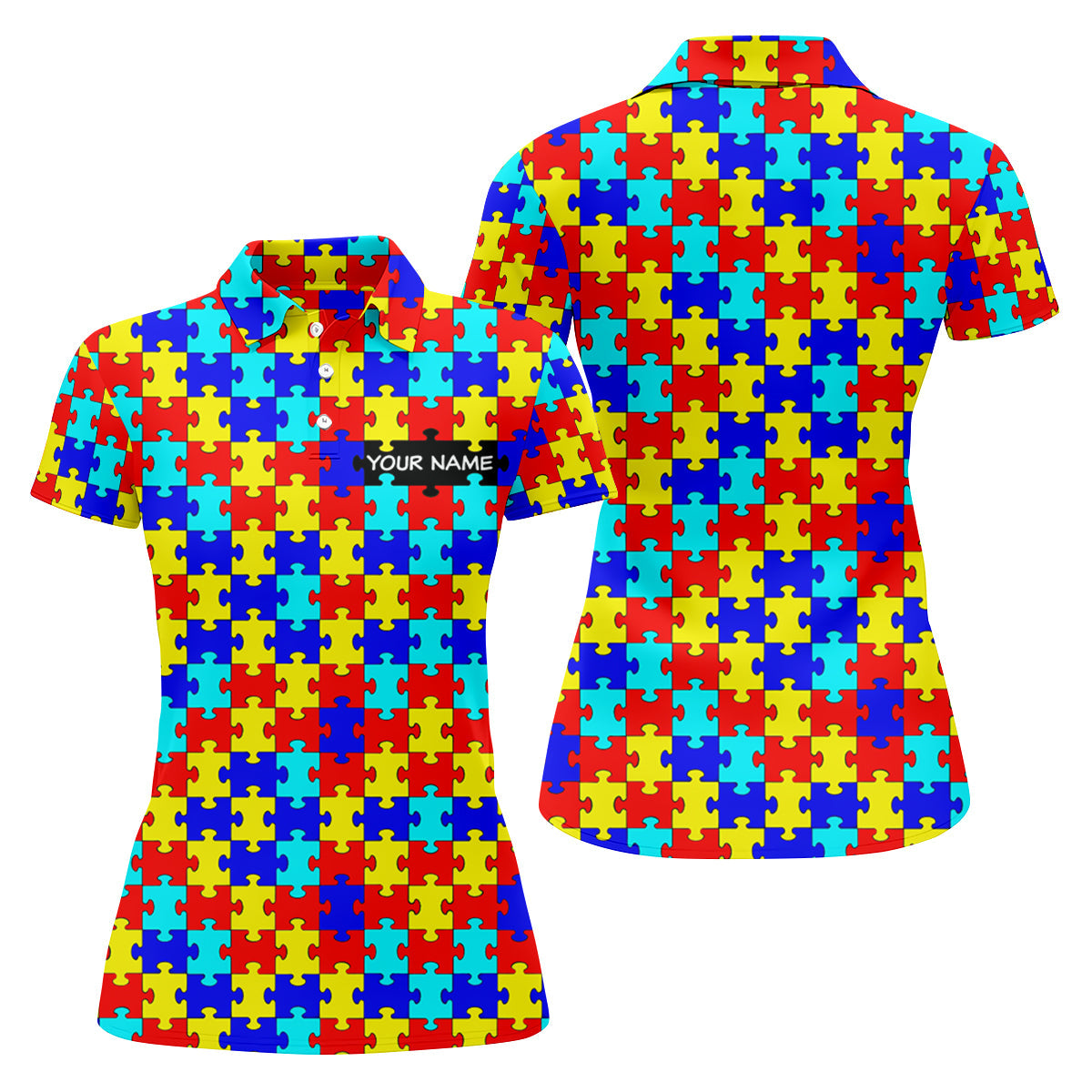 Autism Awareness Colorful Puzzle Pattern Ladies Golf Shirts, Golf Shirt For Women, Ladies Golf Polos