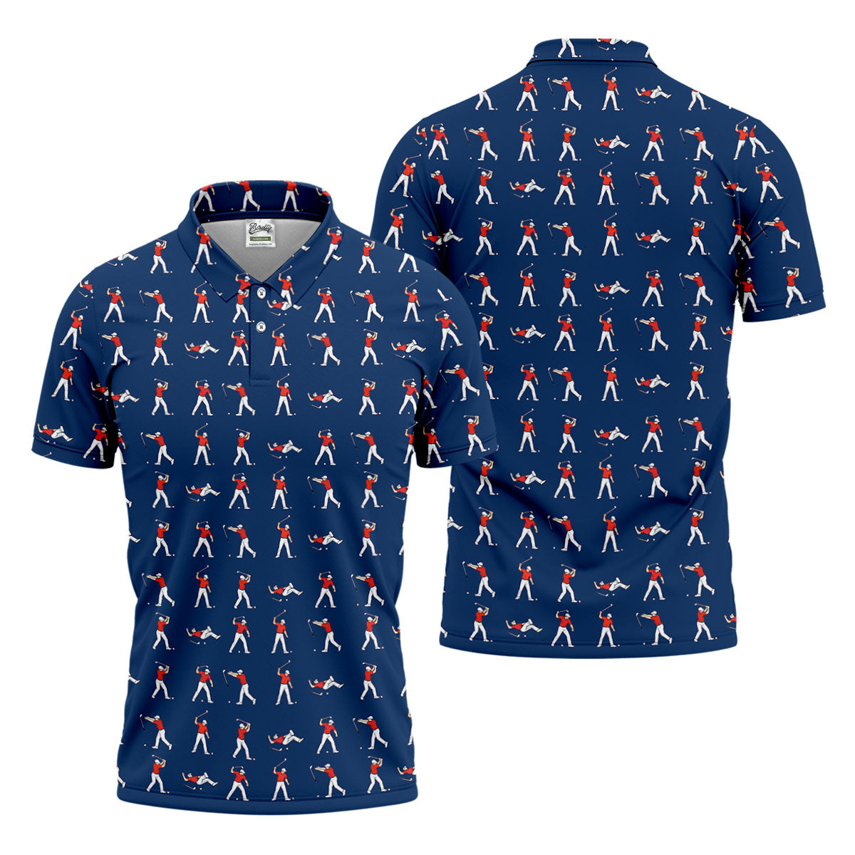 Cartoon Figures Golf Pose Navy Golf Shirt, Golf Tops For Men, Polo ShirtFor Men, Golf Shirts For Men