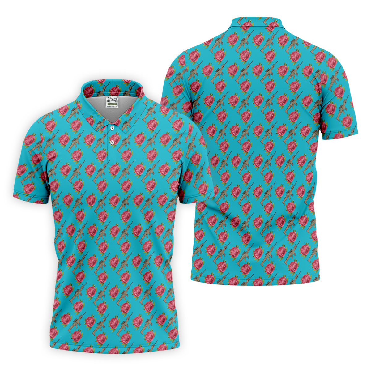 Gun And Rose Seamless Pattern Blue Golf Shirt, Golf Tops For Men, Golf Shirts For Men