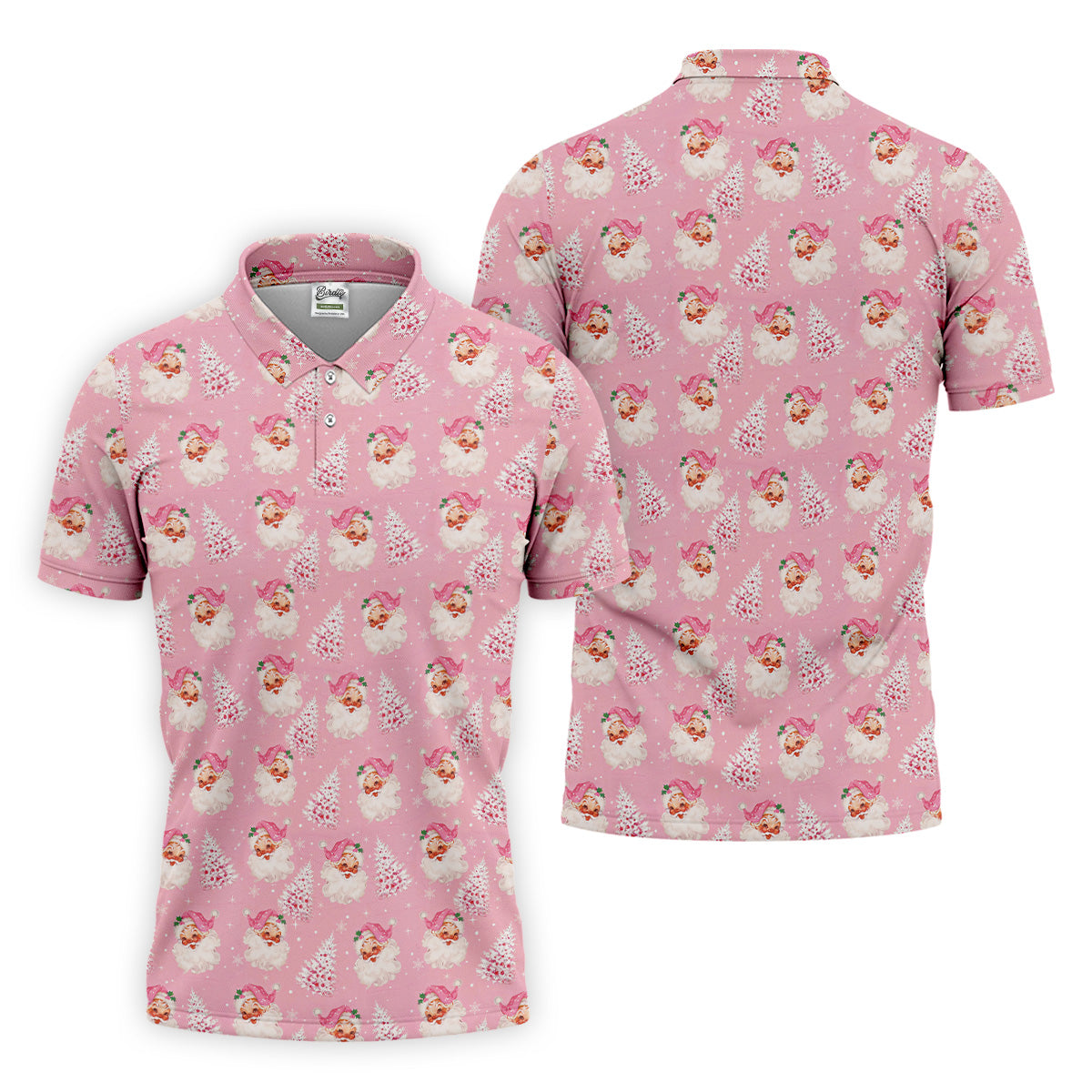 Pink Xmas Tree Santa Claus Pattern Christmas Golf Shirt, Polo Shirt Men, Golf Gift For Men