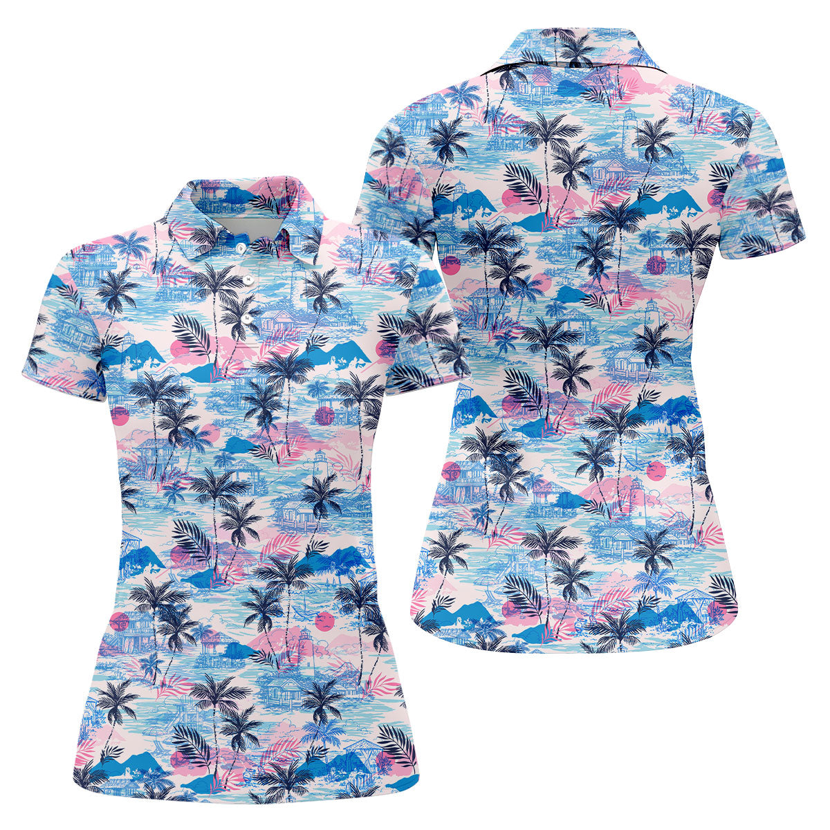 Tropical Island Sunset Pink And Blue Hawaiian Golf Shirt, Golf Shirt For Women, Golfing Apparel