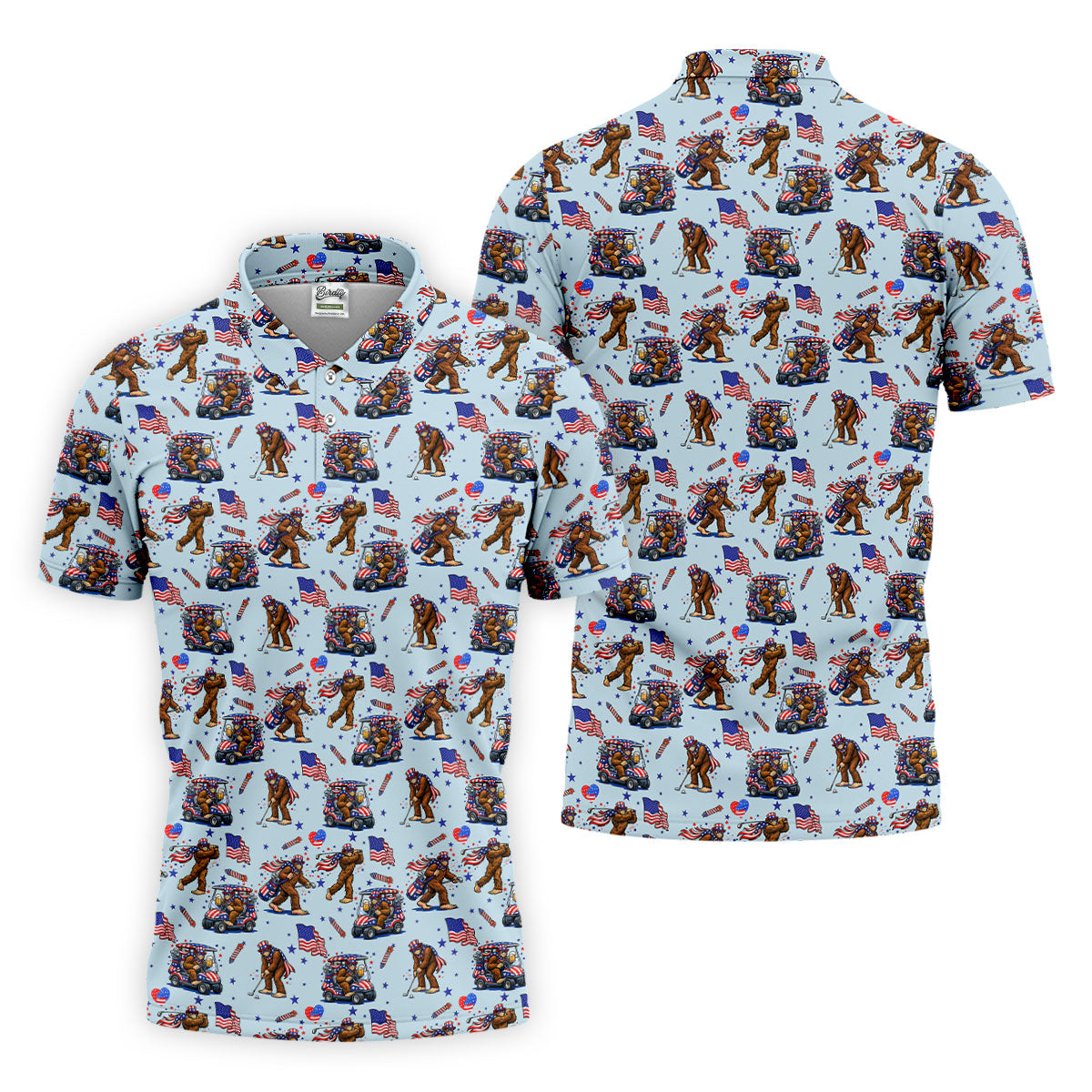 Funny Bigfoot 4th Of July American Flag Pattern Light Blue Golf Shirts For Men, 250th Anniversary Patriotic Golf Shirt