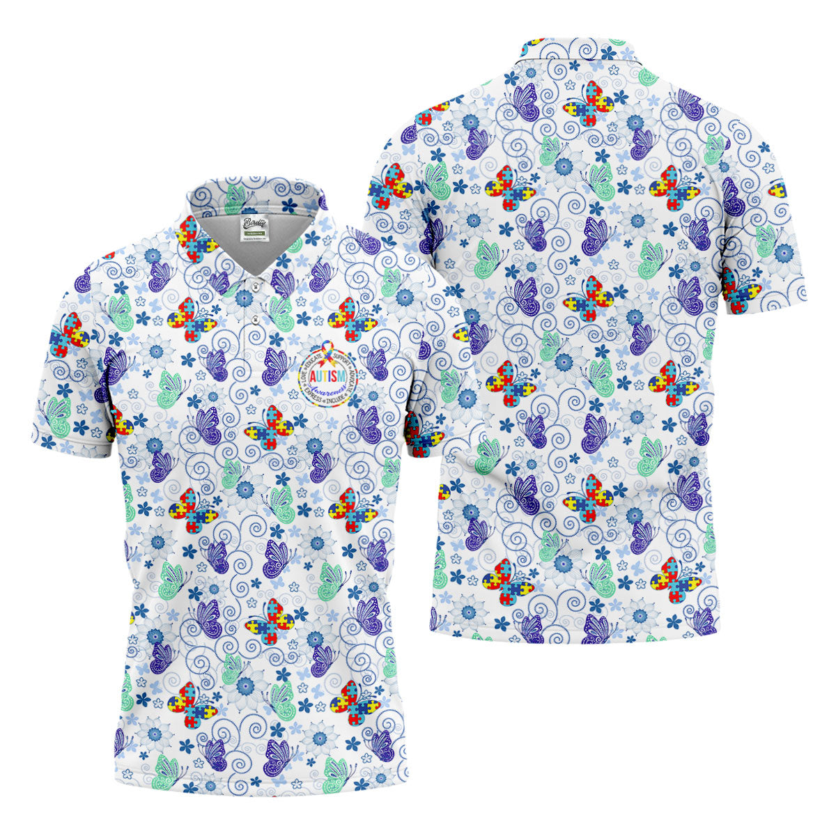Autism Awareness Colors Puzzles Butterfly Floral Golf Shirt, Golf Tops For Men, Golf Shirts For Men