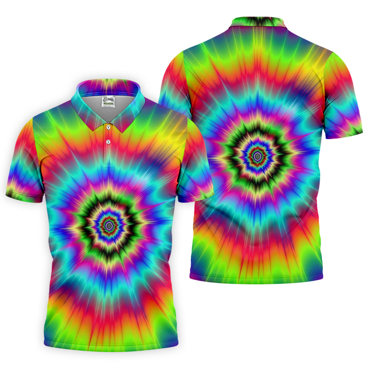 Rainbow Tie Dye Golf Shirt, Psychedelic Spiral Burst Pattern, Golf Shirt For Men