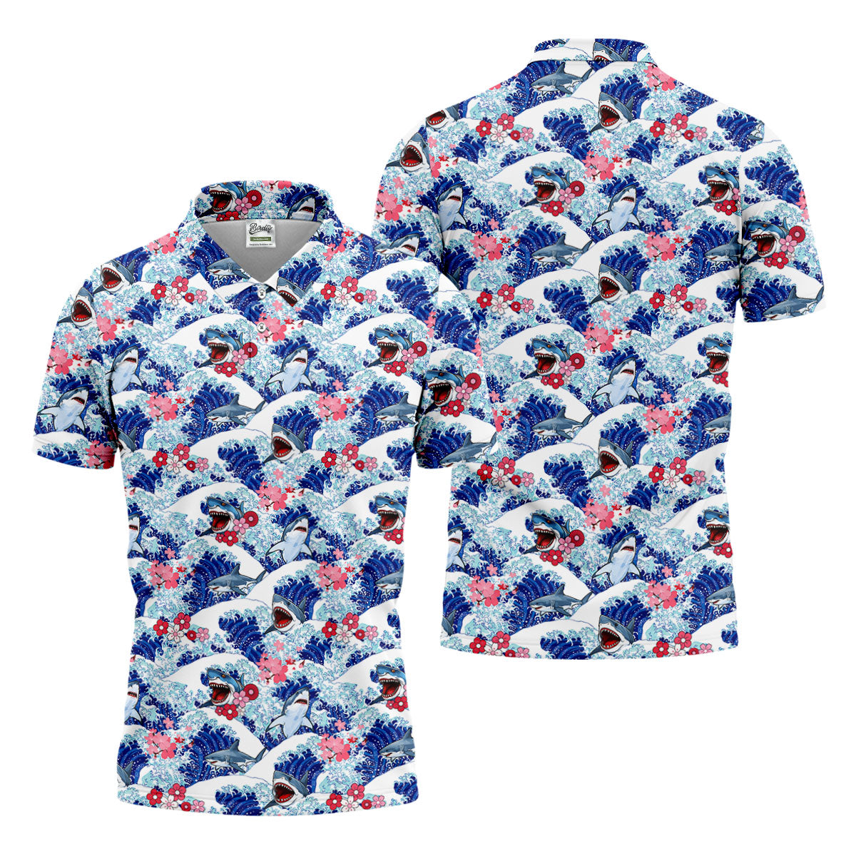 Japanese Shark Wave Sakura Golf Shirt, Mens Golf Polo, Printed Golf Shirts, Golf Apparel For Men