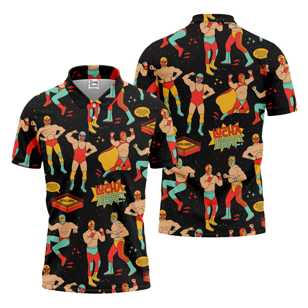 Black Lucha Libre Mexican Wrestler Pattern Golf Shirt, Golf Shirts For Men, Mens Golf Apparel