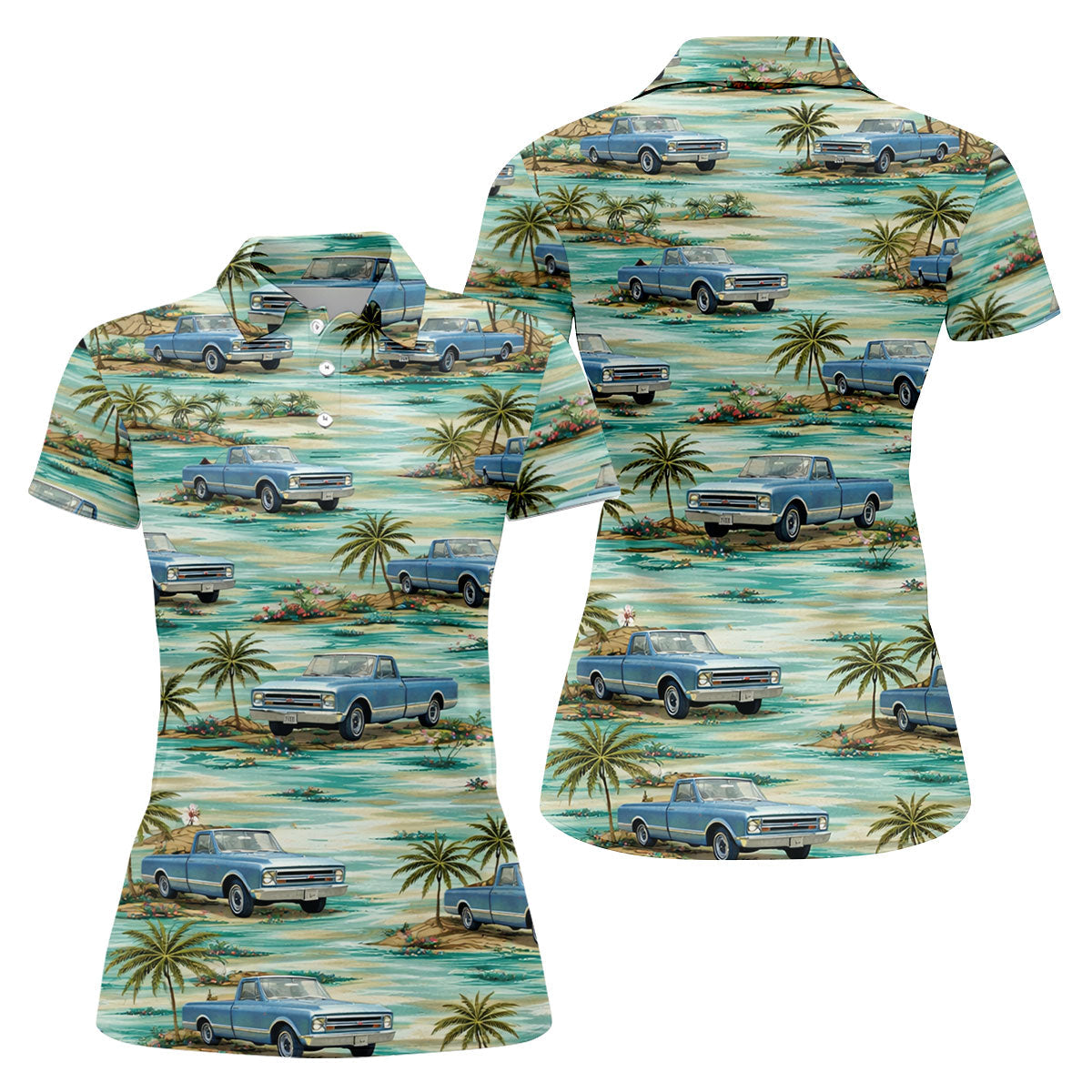 Personalized Truck Golf Shirt, Custom Vehicle Tropical Pattern, Golf Shirt For Women