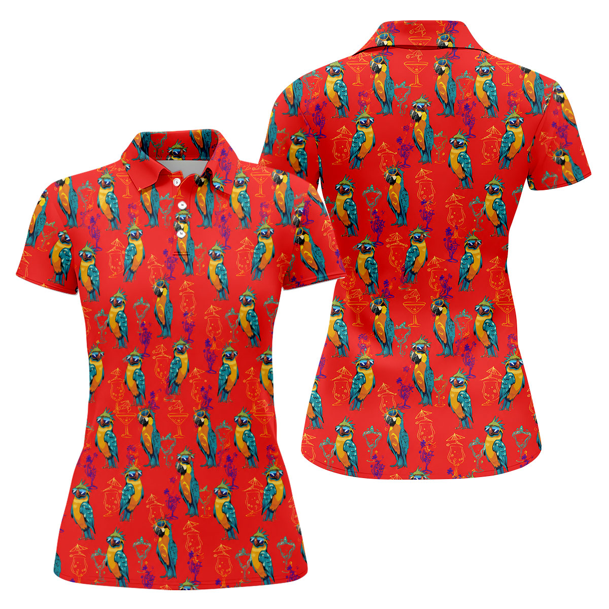 Red Parrot Sunglasses Cocktail Pattern Golf Shirt, Hawaiian Golf Shirt, Golf Tops For Women, Women’s Golf Apparel