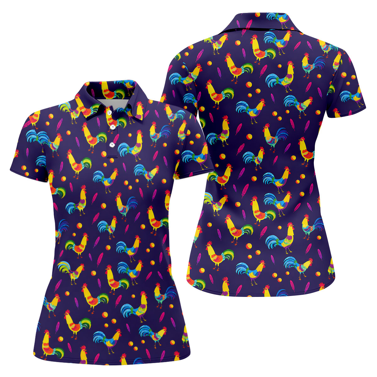 Retro Rooster Golf Shirt, Colorful Country Pattern Polo, Polo Shirts For Women