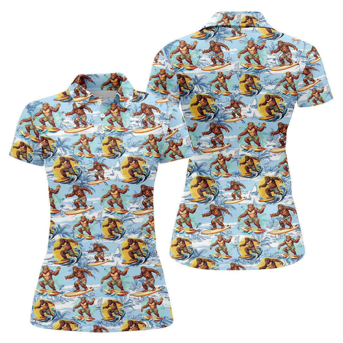 Surfing Bigfoot Hawaiian Golf Shirt, Womens Golf Tops, Golf Polo For Women