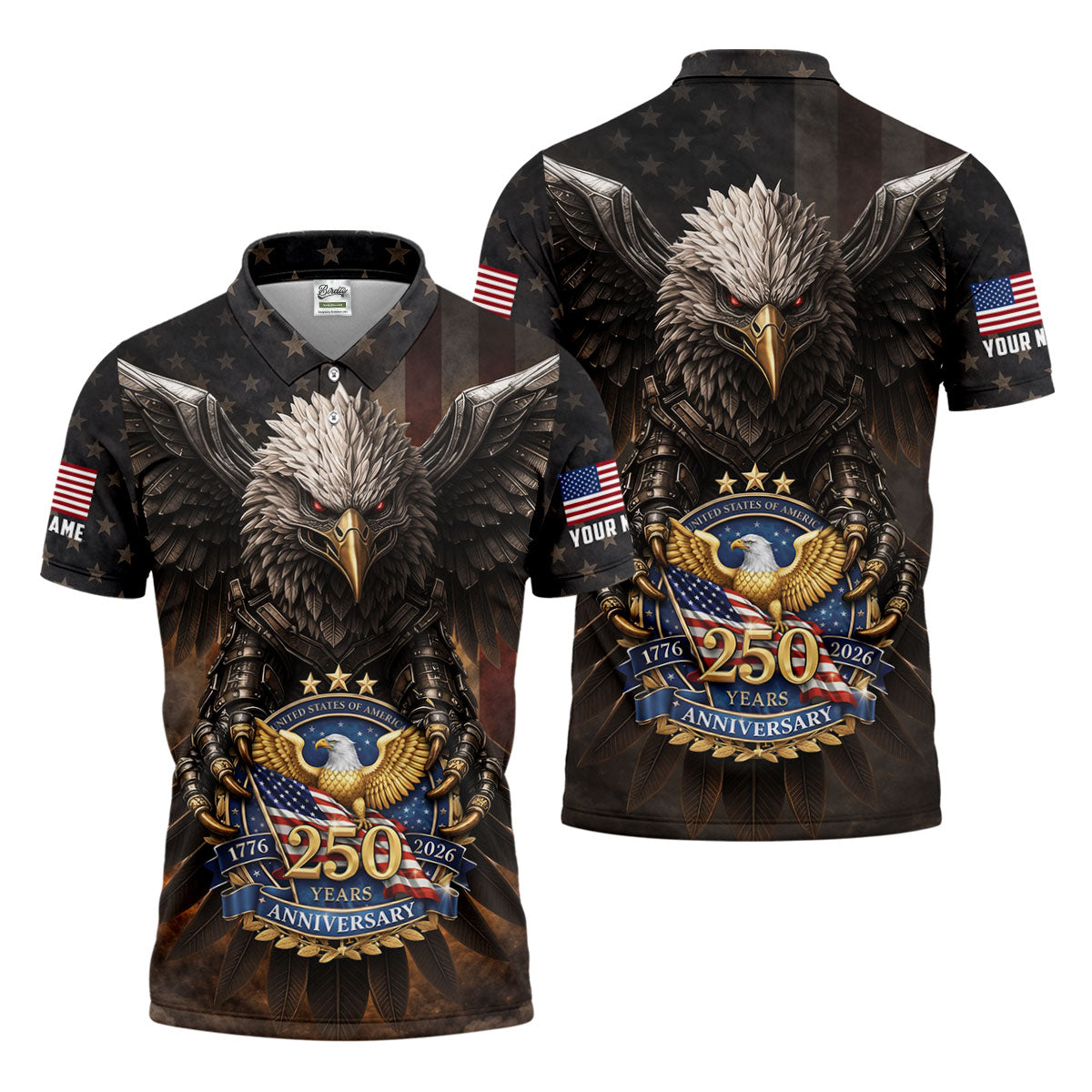250 Years Fierce Eagle American Flag Retro Golf Shirt, Patriotic 4th Of July Golf Shirts For Men
