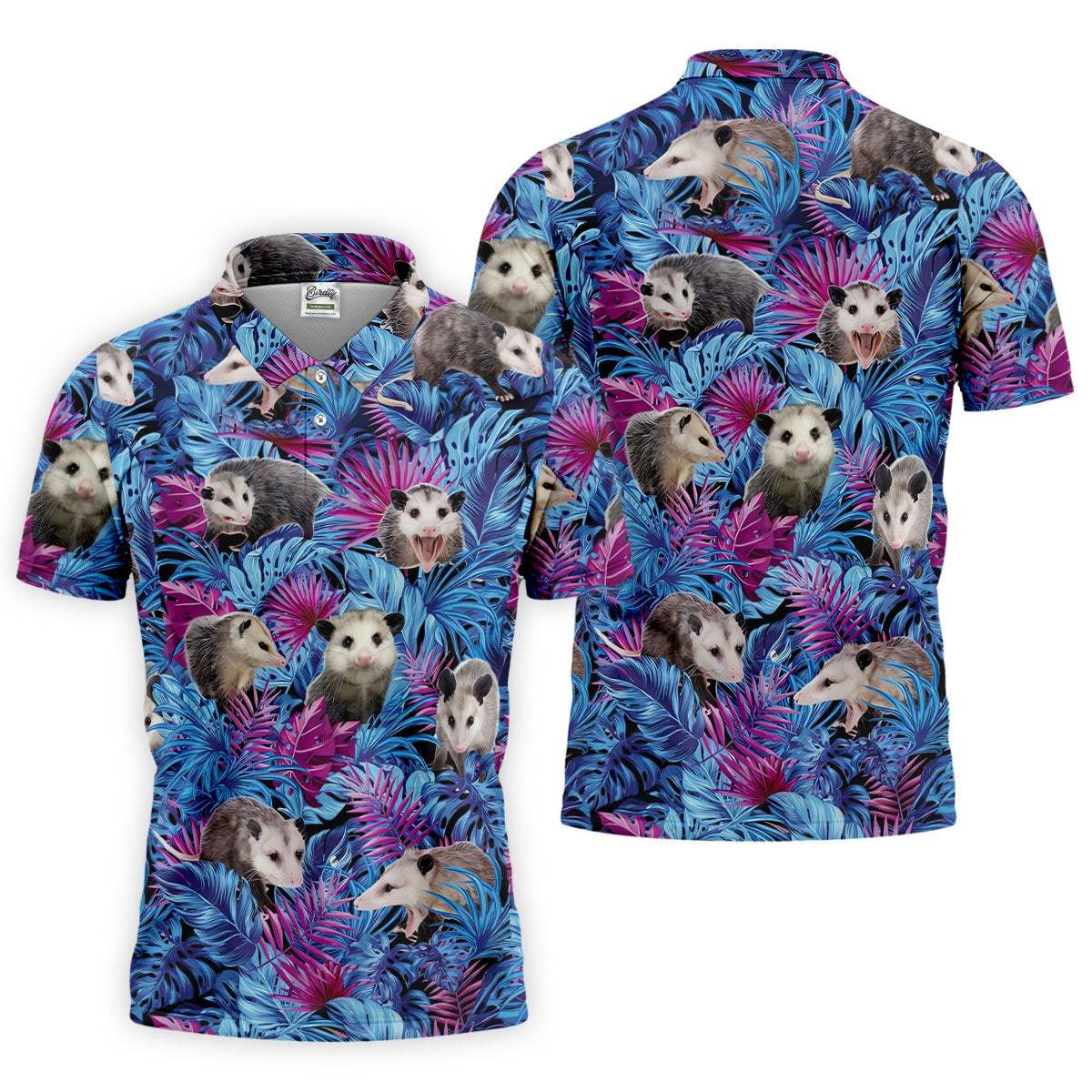 Funny Opossum Blue Purple Hawaiian Golf Shirt, Tropical Theme Golf Shirts For Men