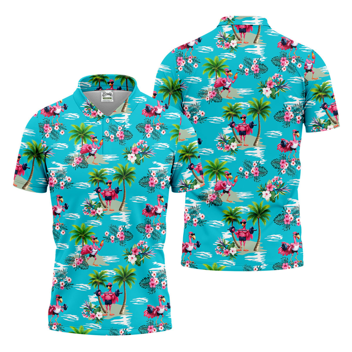 Funny Weightlifting Flamingo Tropical Hawaiian Golf Shirt, Mens Golf Polo, Printed Golf Shirts