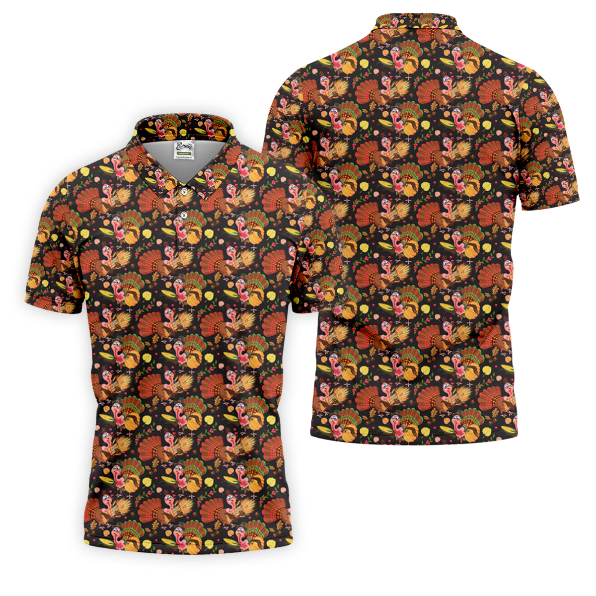 Turkey Pumpkin Thanksgiving Holiday Black And Brown Polo ShirtFor Men, Golf Gift For Men
