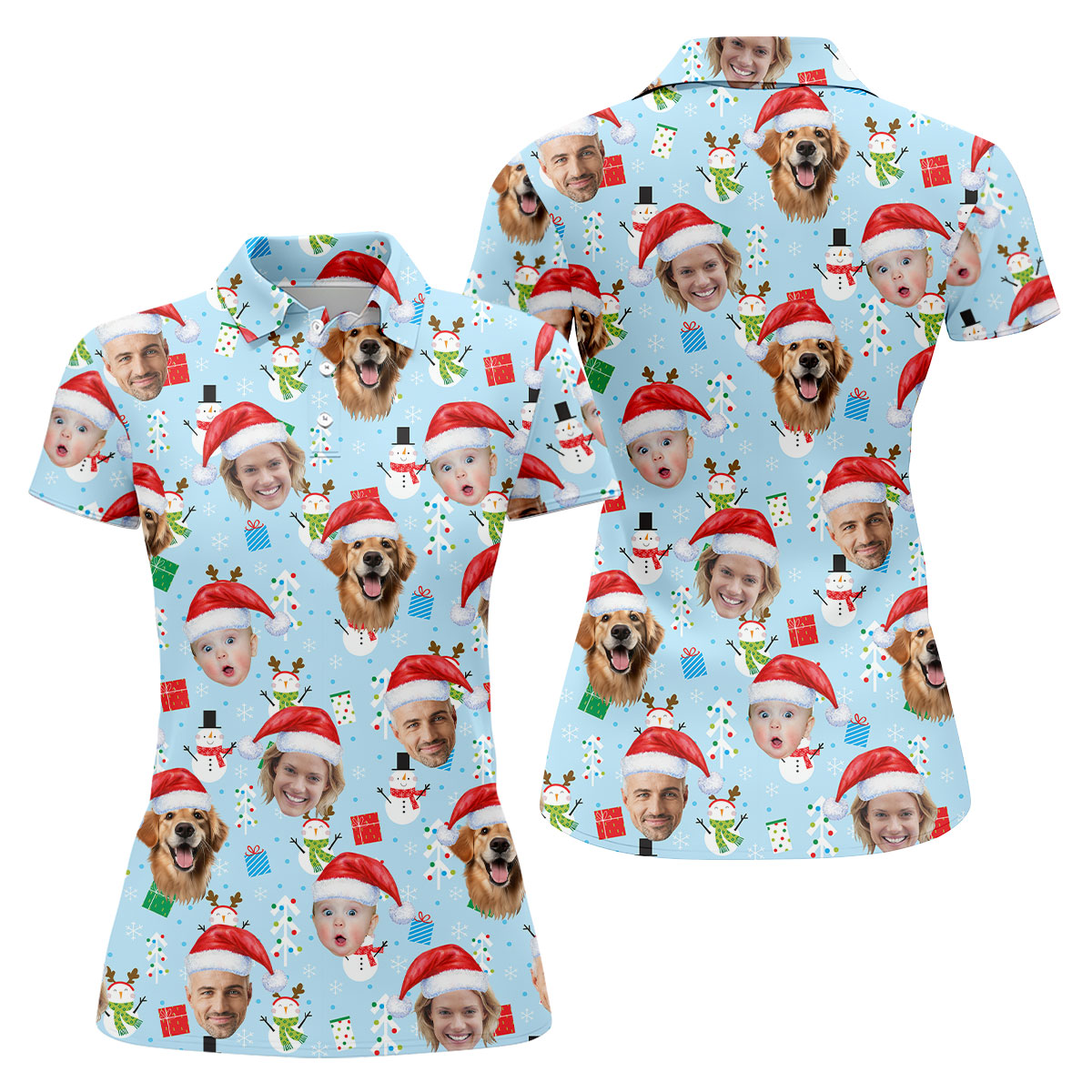 Custom Face Cute Snowman Pastel Blue Christmas Golf Shirt, Women's Golf Tops, Ladies Golf Shirts