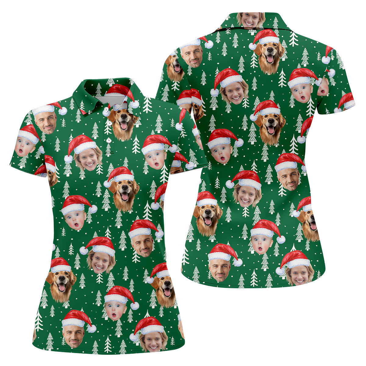 Custom Face Snow Pine Tree Green Golf Shirt, Christmas Golf Shirt, Women's Golf Tops, Golf Gift For Ladies