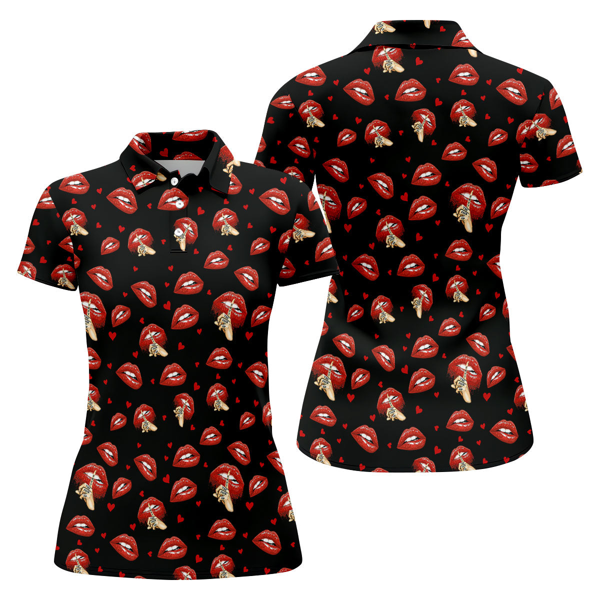 Sassy Red Lips Golf Shirt, Funny Valentine Pattern Design, Women’s Golf Polo