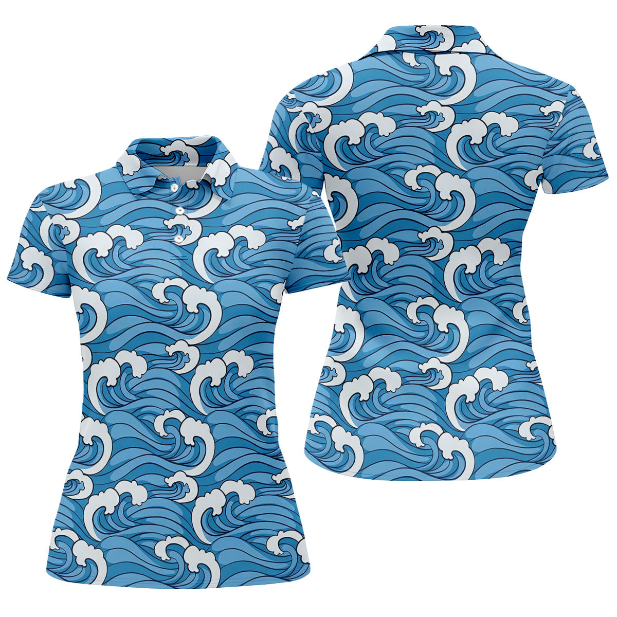 Japanese Wave Golf Shirt, Ocean Wave Pattern Women's Golf Polo, Polo Shirts For Women