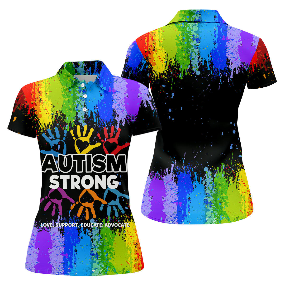 Autism Strong Rainbow Paint Splatter Women's Golf Tops, Autism Awareness Colors Ladies Golf Polos