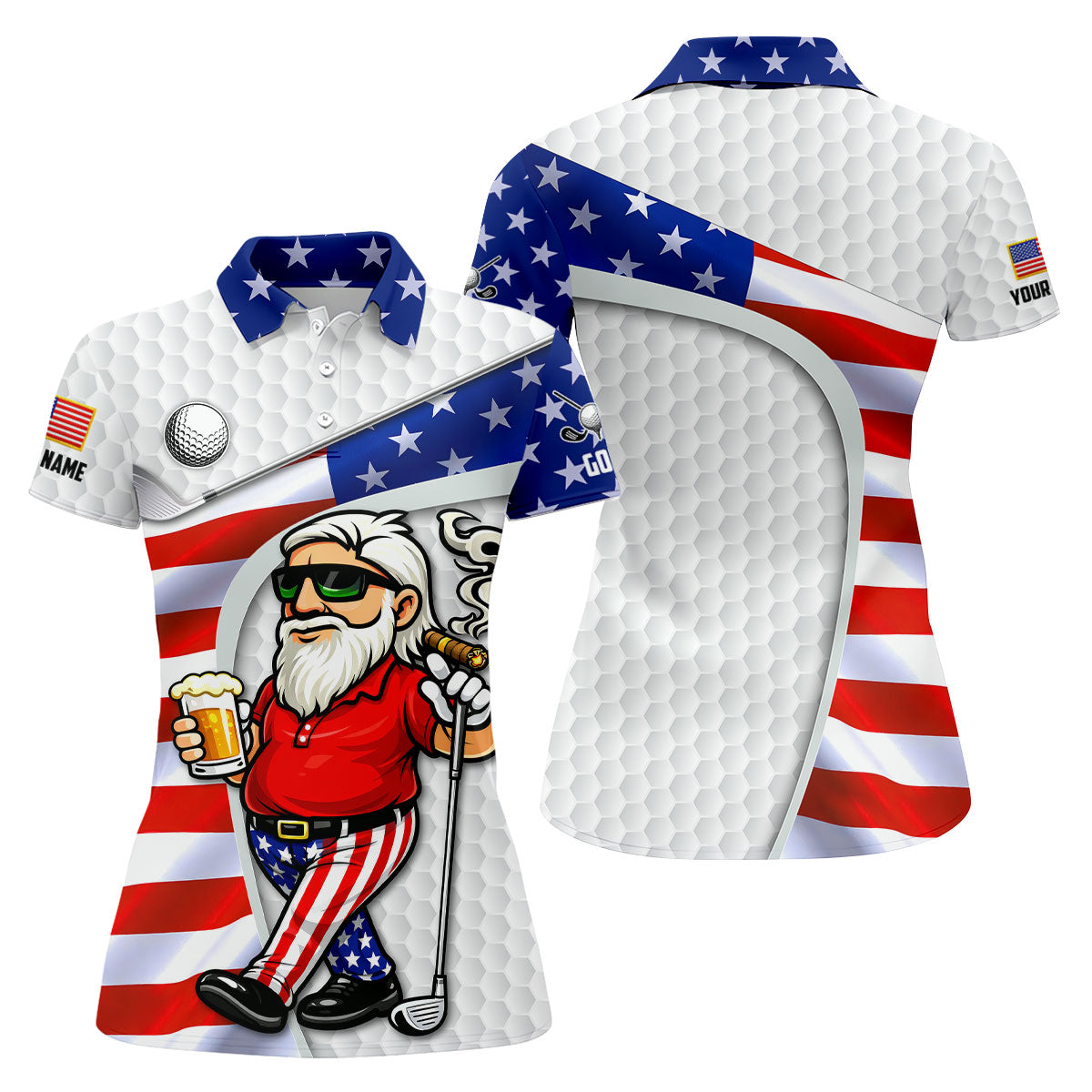 Golf And Beer Patriotic Man Golf Ball Pattern 4th Of July White Golf Shirt, 250th Anniversary Women's Golf Tops
