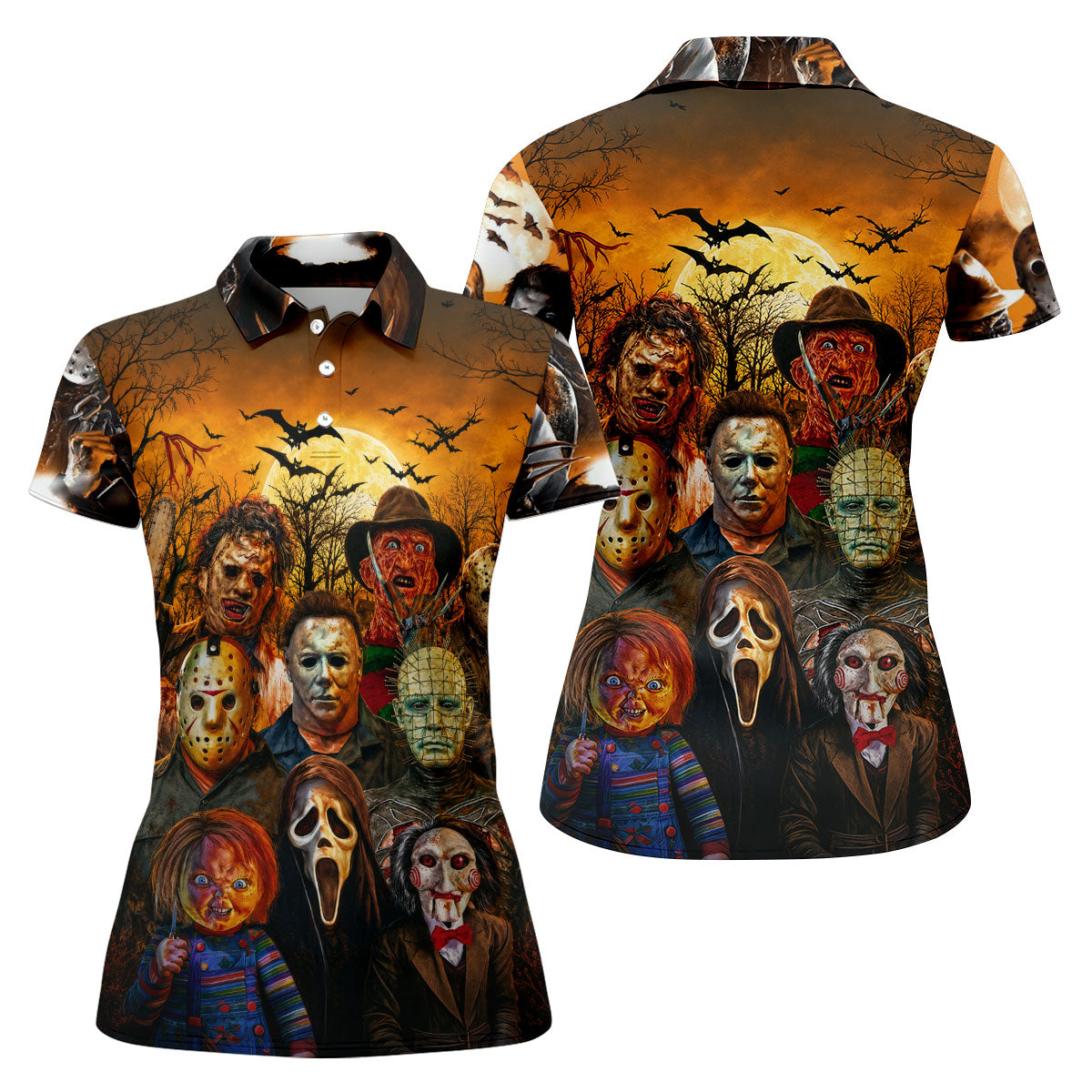 Halloween Horror Character Hawaiian Golf Shirt, Women’s Golf Tops, Golf Shirts For Women